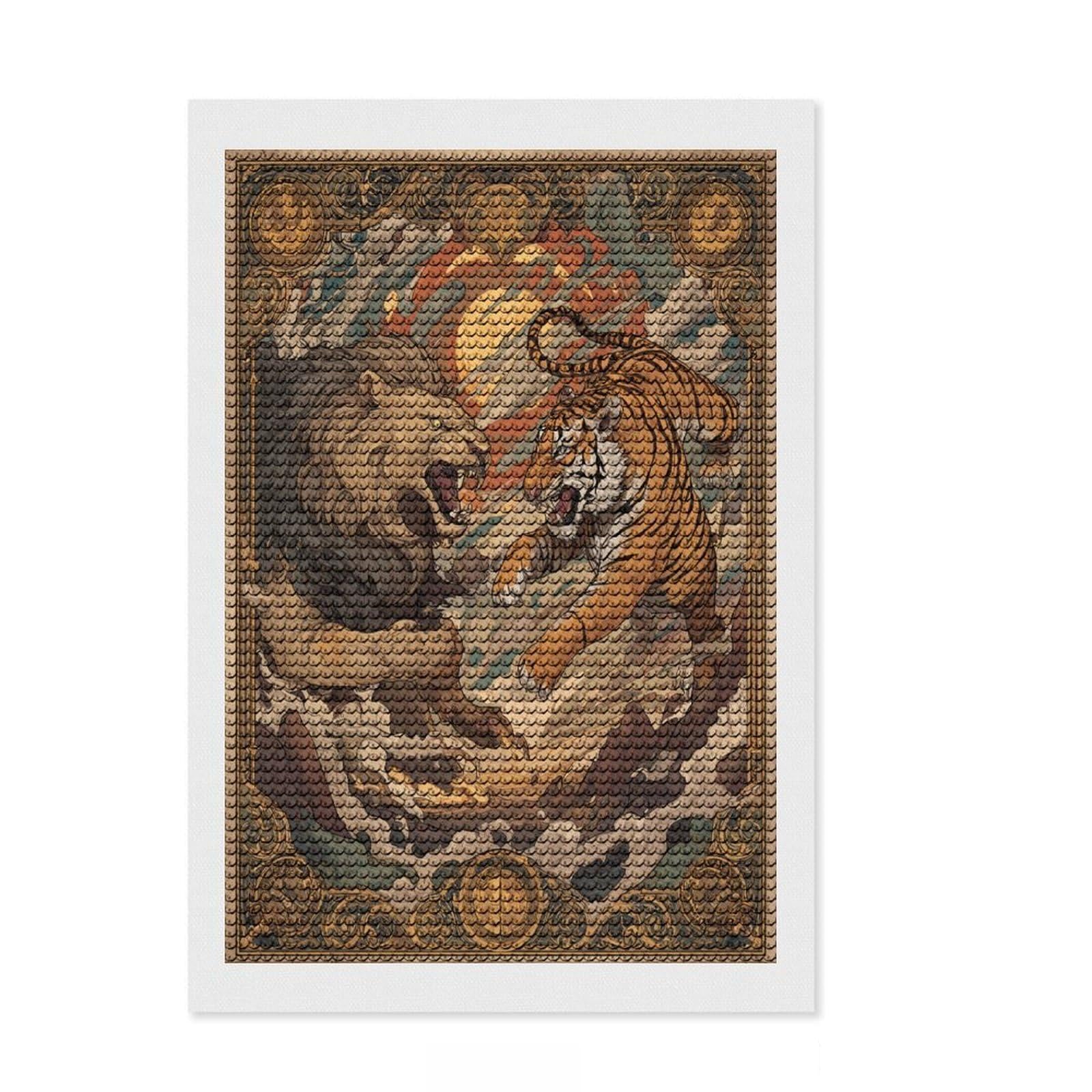 Junmoney Lion Vs Tiger Showdown Diamond Art Kit 8"x12", Satisfying Creative Project, Printed Canvas, Home Wall Decor, Birthday Gift, with Tool Kit