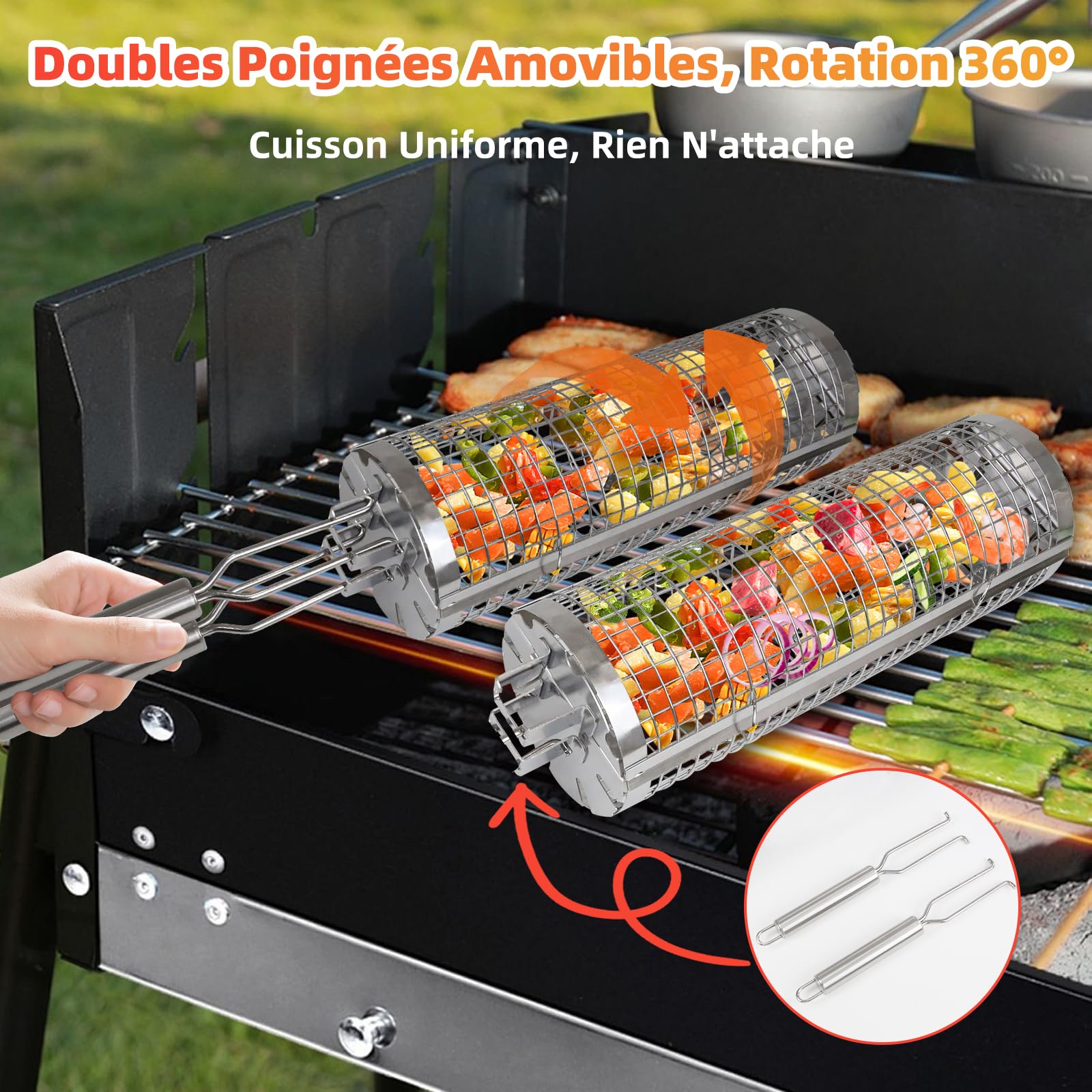 2 x Paniers de Gril en Acier Inoxydable de Rôtisserie, Accessoires de Barbecue avec Ouverture Latérale et Poignée Amovible, BBQ Légumes et les Petits Aliments, Cadeaux de Barbecue pour Hommes