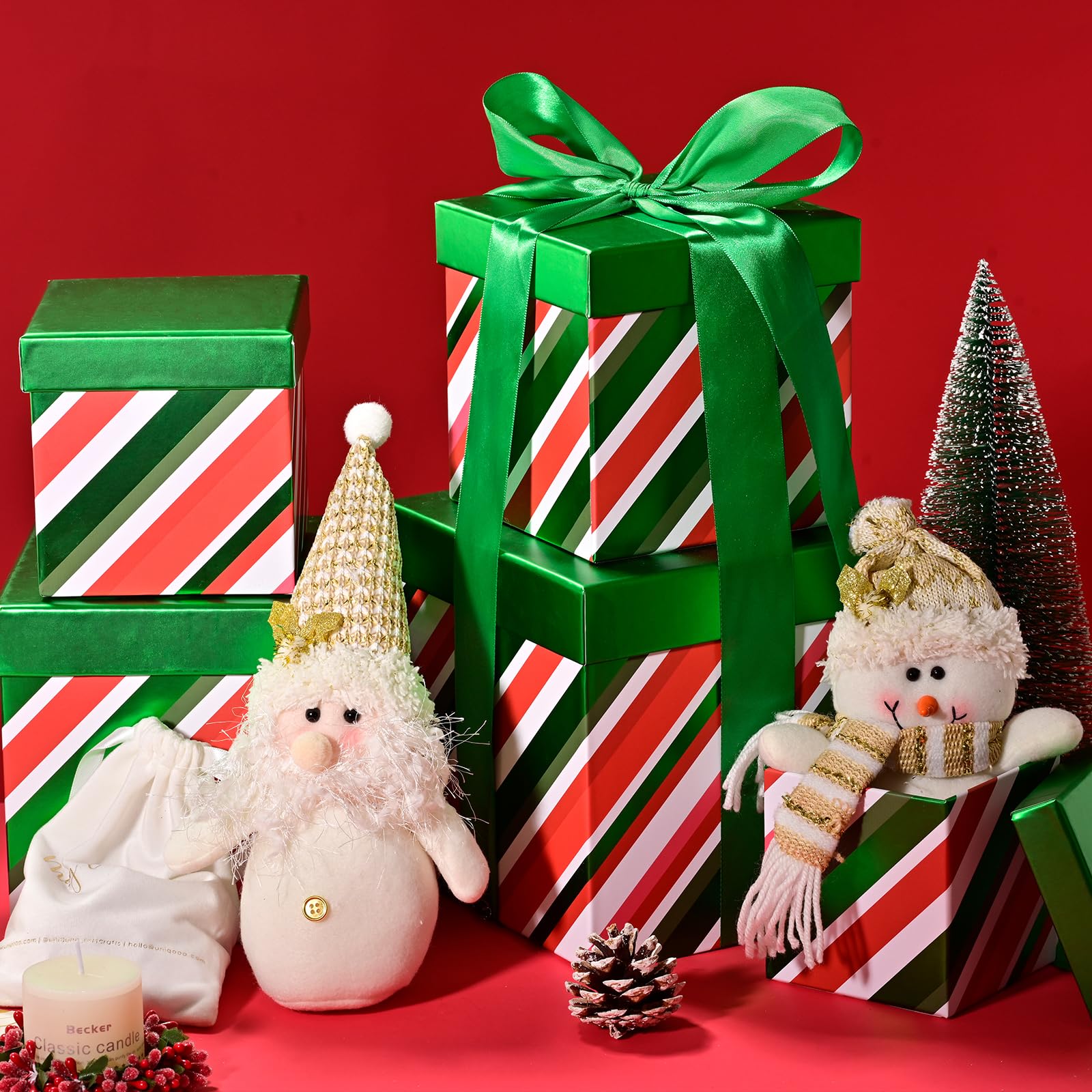 PAPER FAIR 5 scatole regalo di Natale con coperchio, set di scatole annidate di Natale, 5 misure, quadrate, impilabili, a righe, verdi e rosse, decorazioni a torre con nastro di raso, per feste,