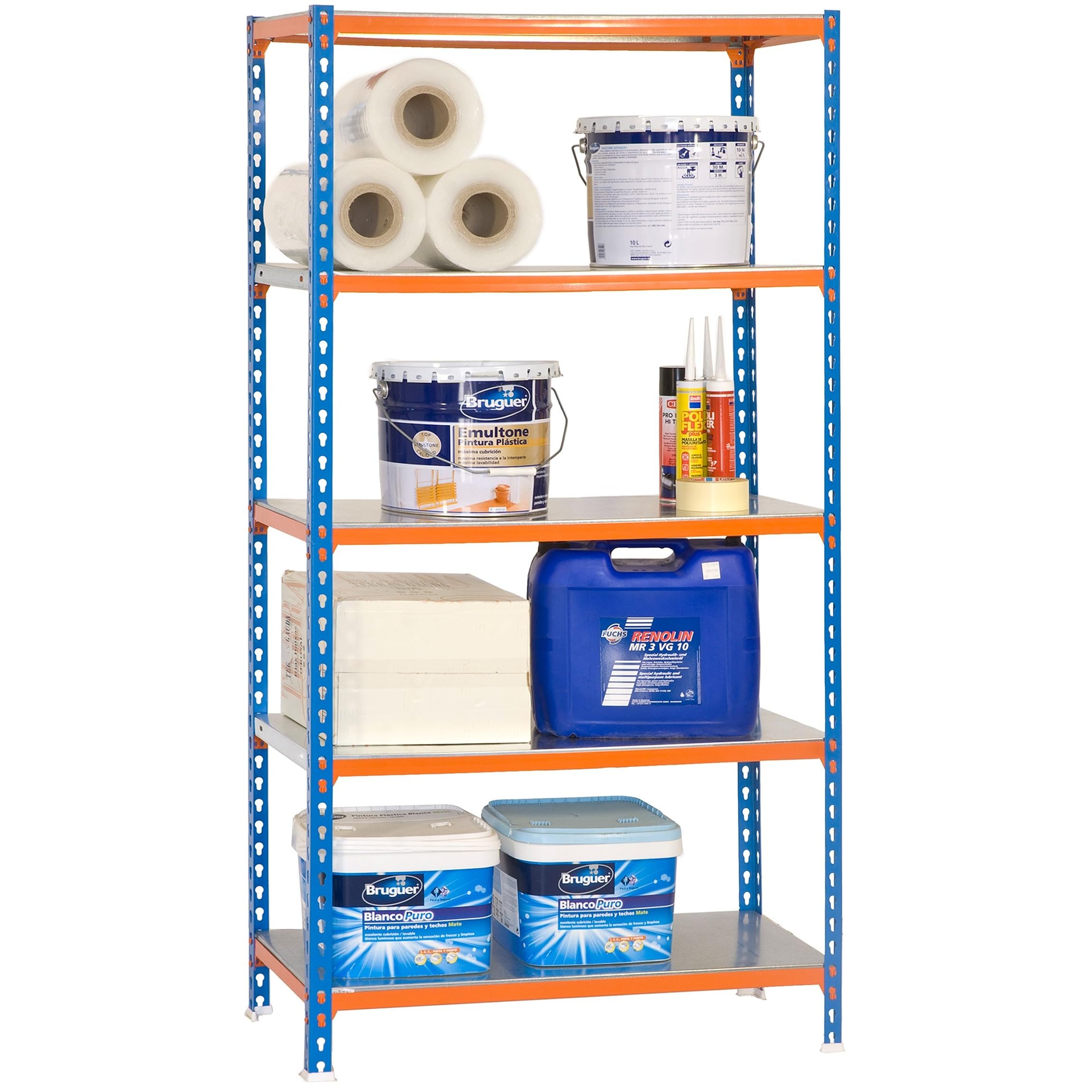 SimonRack Estantería Metálica Almacenaje, Sin tornillos, 5 Baldas, Alta Capacidad Carga 180 kg, 1800x800x300 mm, Estantería Garaje Trastero, Azul/Naranja/Galva