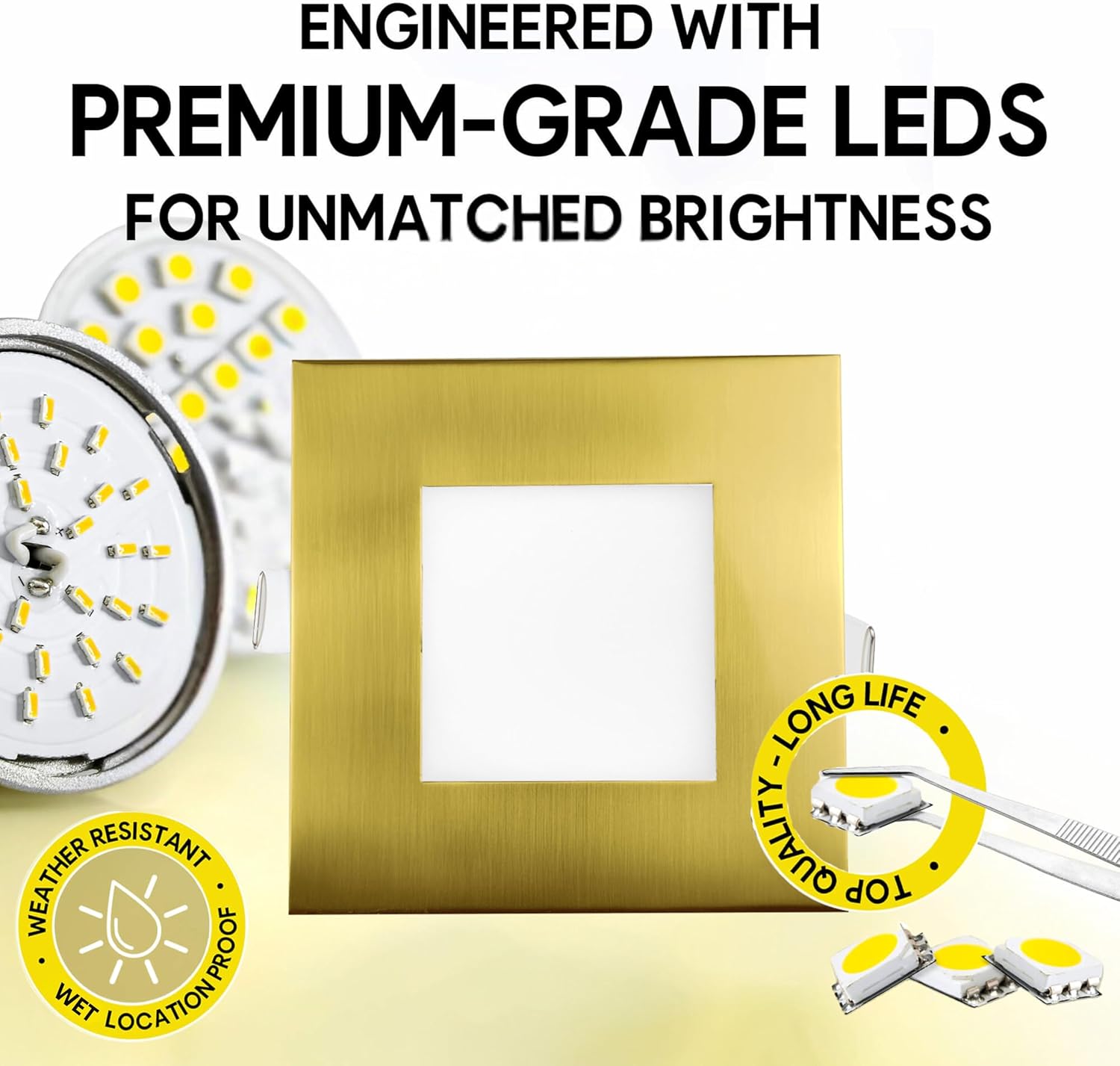 4 inch Slim Ultra-Thin Square Downlight Luminaire, Brushed Brass Finish, LED Recessed Light Fixtures Dimmable 12W=75W, 1000 Lumens, CRI 90+, 5CCT Selectable 2700K|3000K|3500K|4100K|5000K