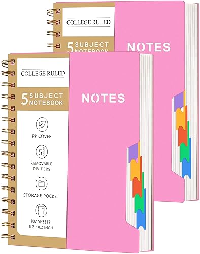 Miniatura 21 de CAGIE Cuadernos de espiral para trabajo escolar con pestañas divisoras extraíbles, 8.5 x 11 pulgadas, cuaderno de 5 materias a rayas universitarias