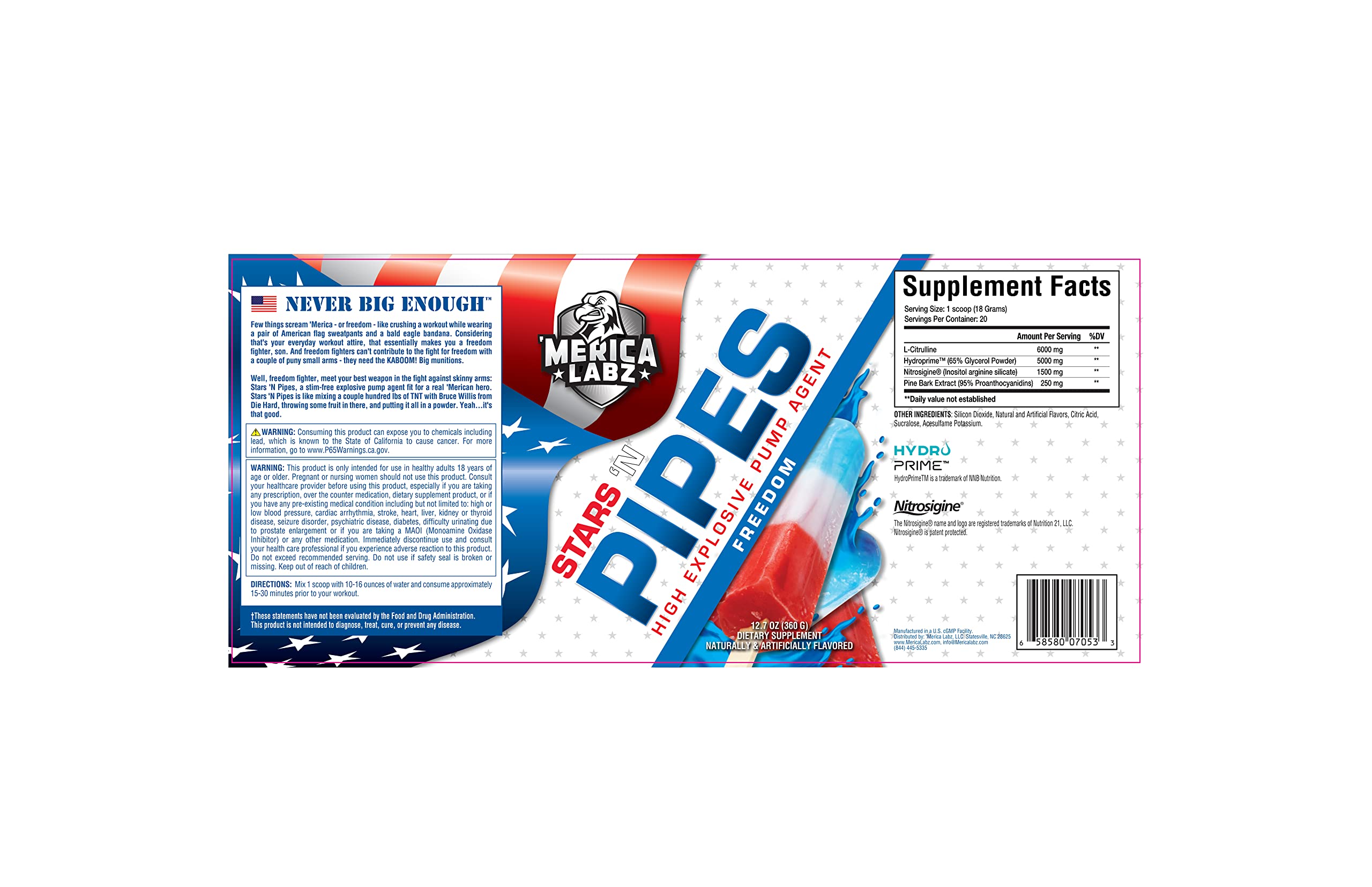 'Merica Labz Stars 'N Pipes High Explosive Pump Agent, Stimulant-Free, 6G of L-Citrulline, 20 Servings (Freedom)