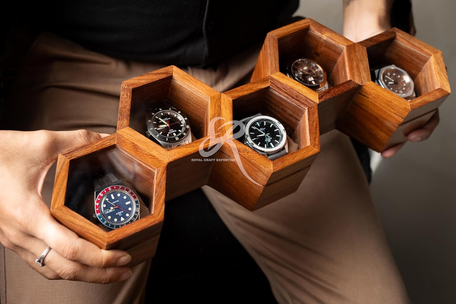 Royal Craft Expertise Honeycomb 2-Slot Wooden Watch Organizer for Men & Women – Handmade Solid Indian Rosewood Watch Display & Storage Box, Mens Watch Display Case, Best Gift for Him.