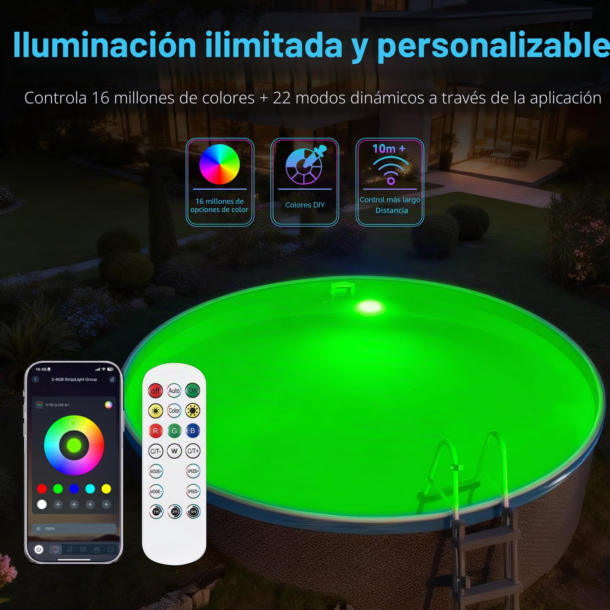 25W Foco LED Piscina con Rosca 2", RGB Lámpara Piscina para Piscinas Elevada Acero, Control APP y Timer, 12V AC Proyector Relleno de Resina Impermeable IP68 Luz Sumergible con Cable 9,5m