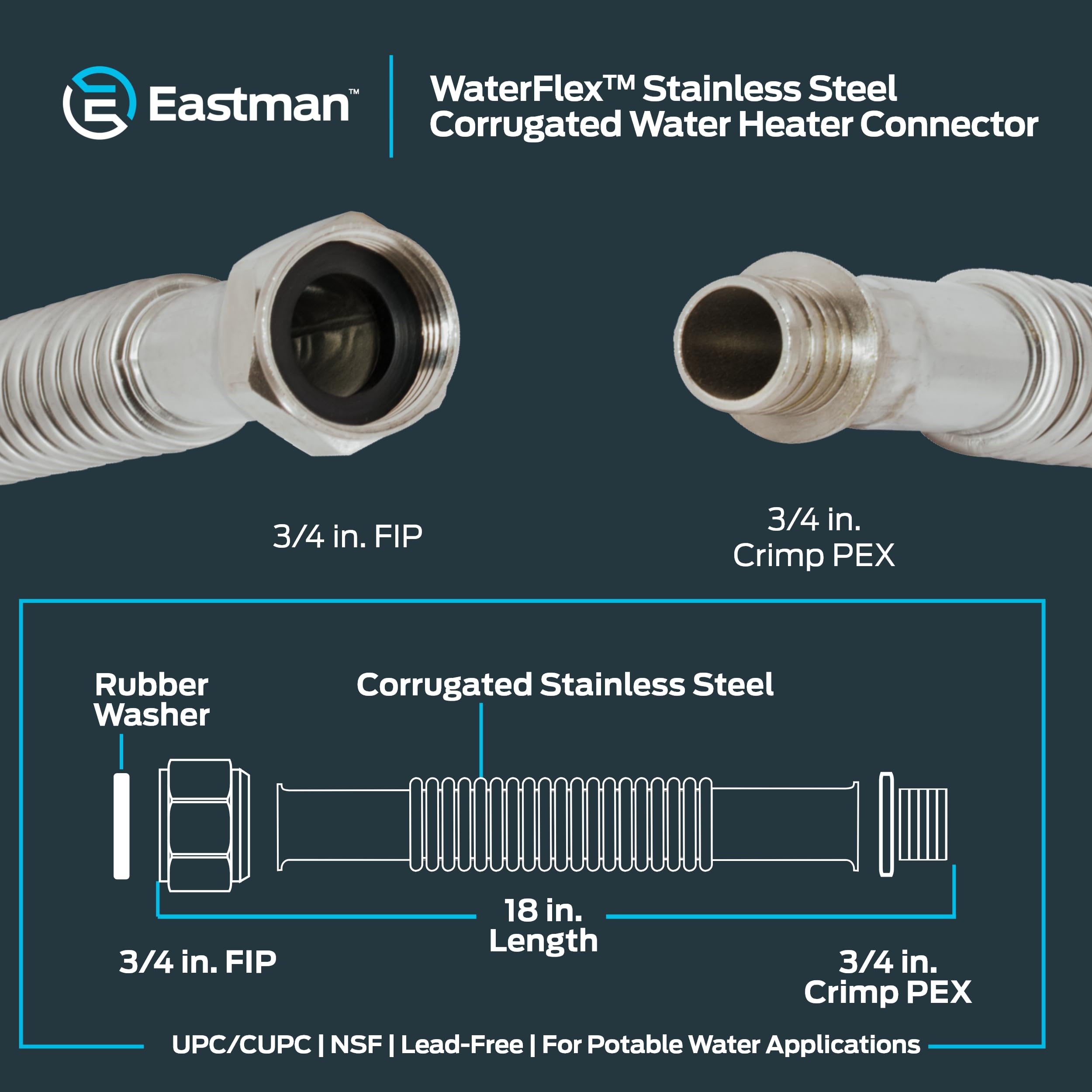 Eastman 18 Inch WaterFlex Crimp Water Heater Connector, 3/4 Inch
