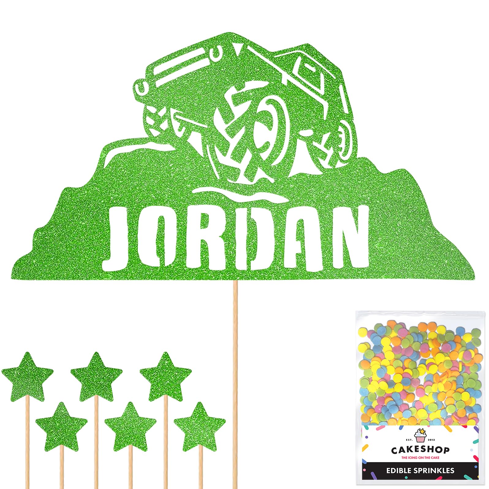 Personalised Off-Road Land Rover Jeep Glitter Topper - Green Custom Name 4x4 Glitter Cake Decoration and Sprinkles - Happy Birthday Decorations - Personalised Toppers for Cakes by Cakeshop