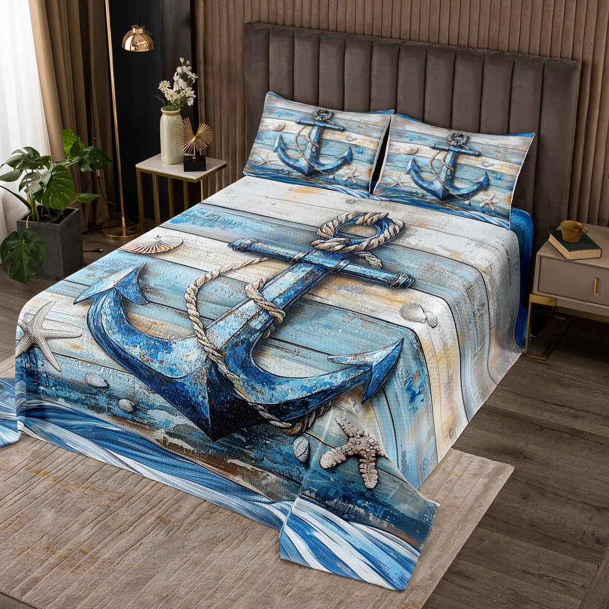 Manfei Nautical Anchor Quilts Set for Kids Boys,Ocean Adventure Themed 2Pcs Bedspread Coverlet Set,Watercolor Blue Wooden Stripes Bed Cover Set, Bedspread Coverlet with 1 Pillowshams (Twin Size)