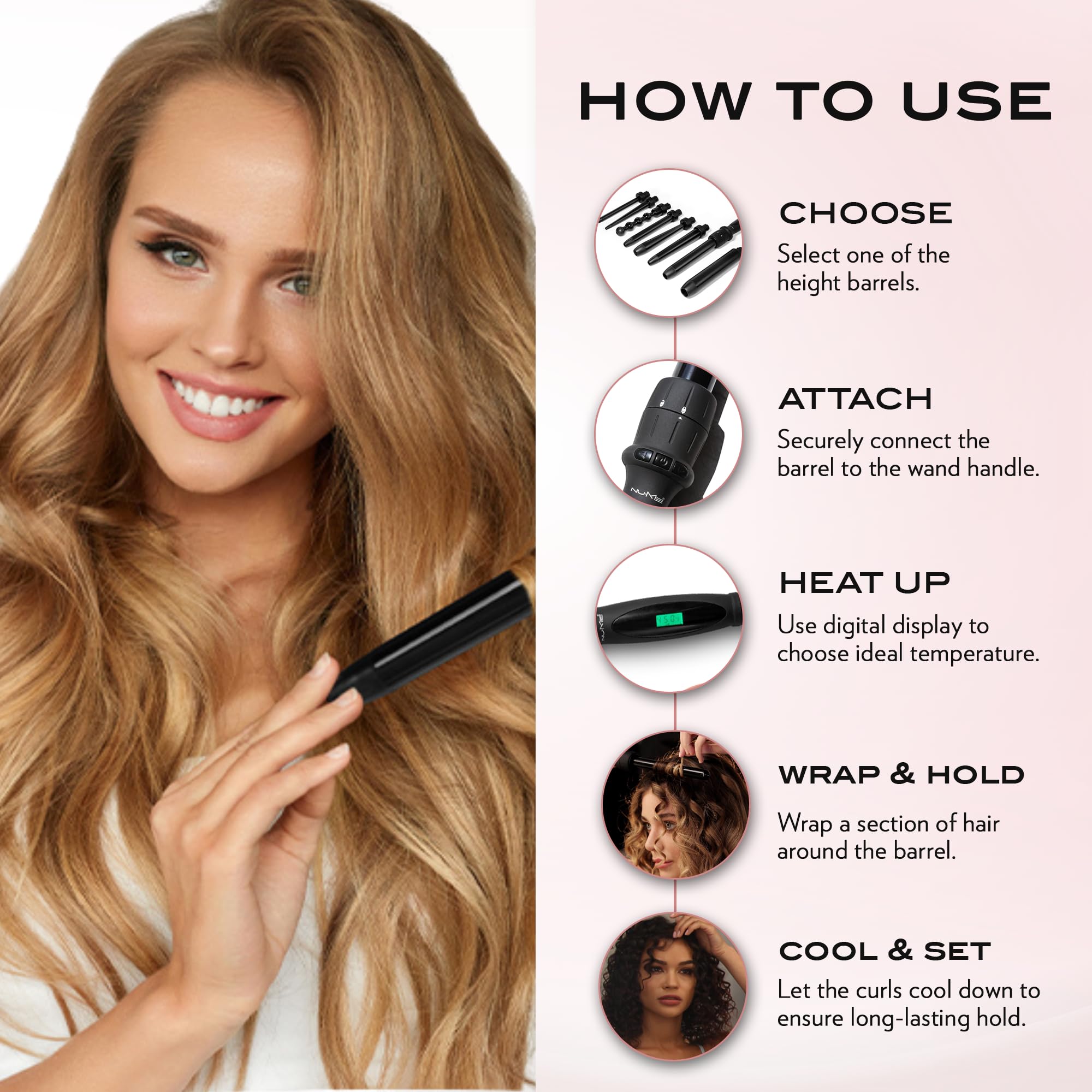 NuMe Octowand 8-in-1 Curling Wand Set Interchangeable Tourmaline Ceramic Barrels 13mm - 32mm Heat-Resistant Glove and Travel Case LCD Digital Display | Interchangeable Tourmaline Ceramic Barr product thumbnail 6