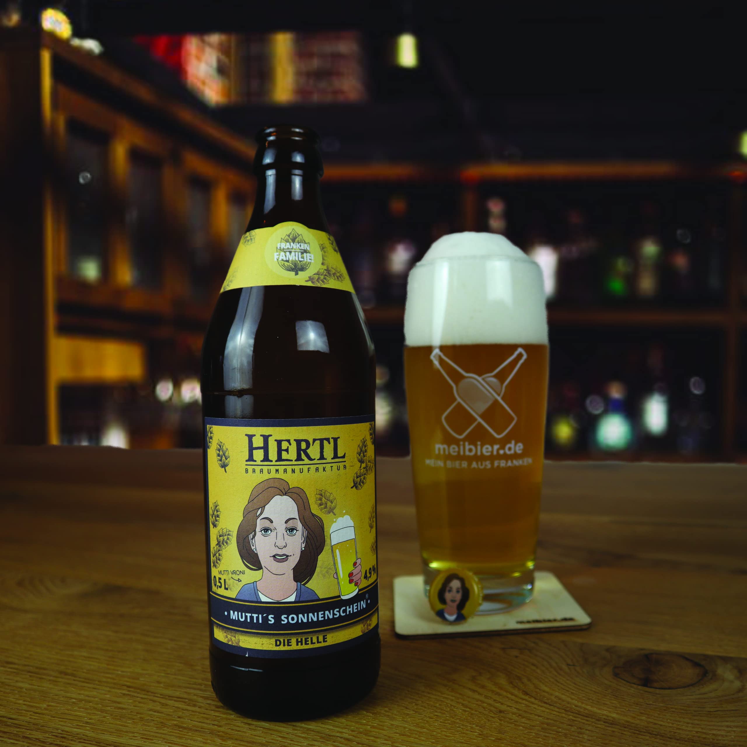 meibier© Helle Biere - Bier Box aus Franken, 18x0,5 Liter fränkisches Bier + Holz Untersetzer + 3x Bierfilz, tolles Bier Geschenk, Bierbox, Bierpaket