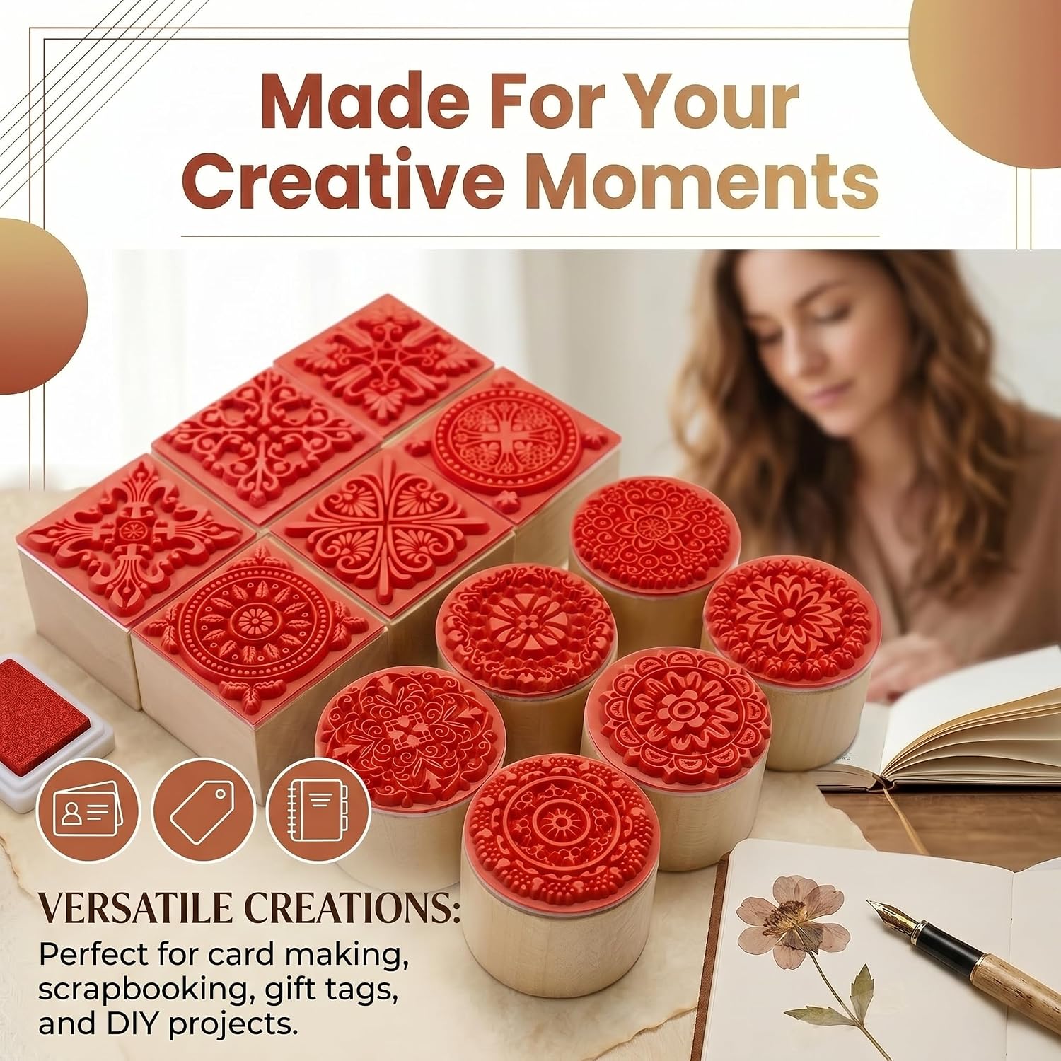 12Pcs Rubber Stamps Set Wooden Floral Pattern Decorative Embossing Stamper for Card Making, Scrapbooking Ink Stamping and Clay Pottery Crafting Supplies, DIY Arts, Journals