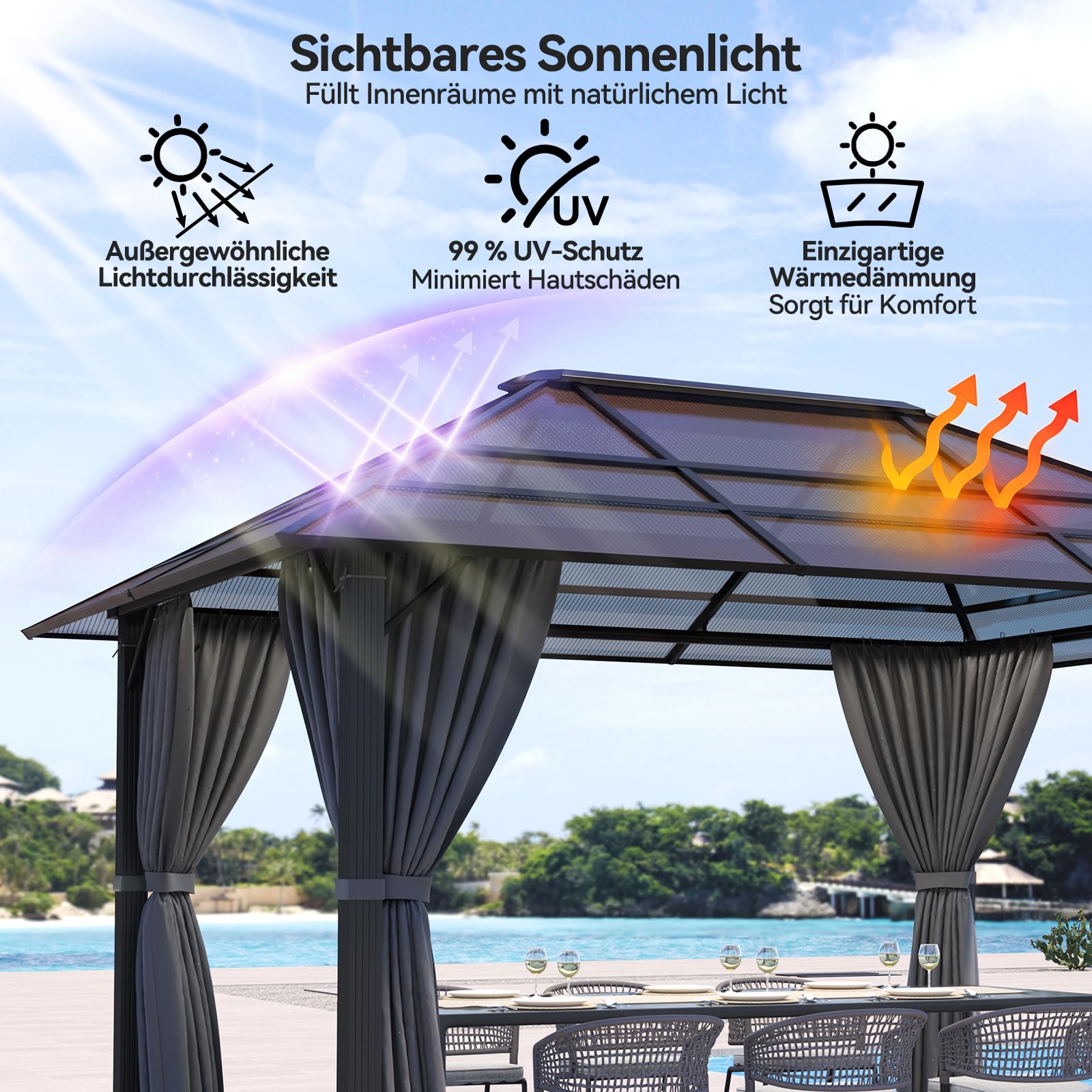 Devoko Pavillon 3x4 Wasserdicht Stabil Winterfest, Aluminium Gartenpavillon, Grillpavillons mit festem, lichtdurchlässigem Dach, Protection UV 50+, Pergola Geeignet für Gärten im Freien, Dark Gray