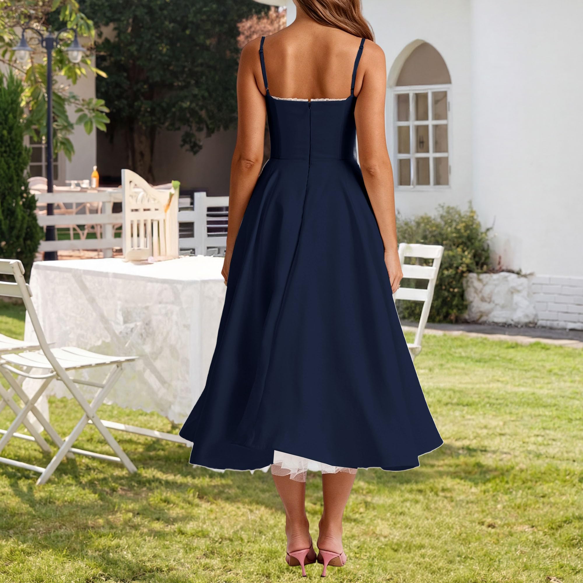 Vestido midi de satén con tirantes delgados y cintura para mujer | Sensación de tela de satén, detalle de cintura de corsé, diseño de capa de malla, estilo sin mangas, para ocasiones de fiesta