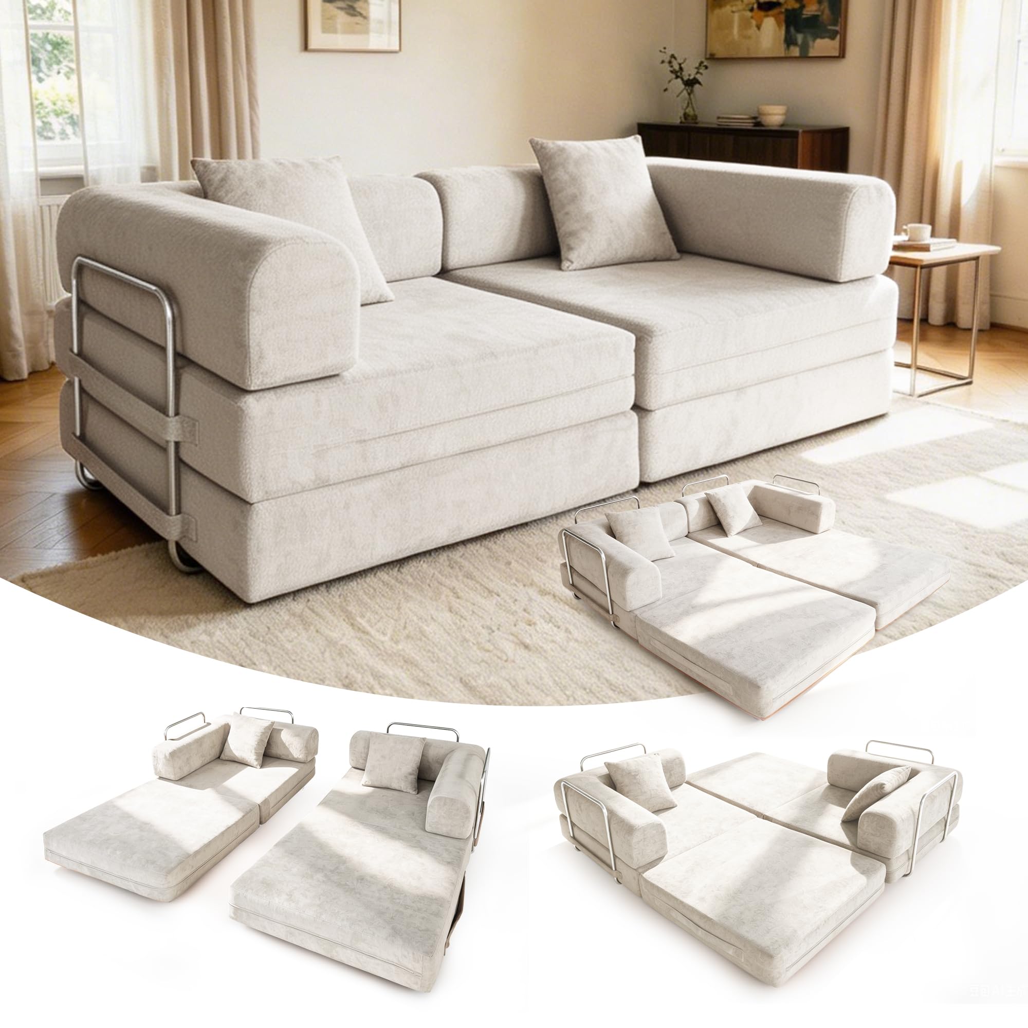 Schlafsofa 200cm Breit, Boneless Couch mit Kuscheliger Chenille-Stoff, Modulares Bodensofa klappbar, 3-Sitzer Sofa mit Schlaffunktion, Waschbarer Bezug, Metallrahmen & 2 Kissen, Cremeweiß