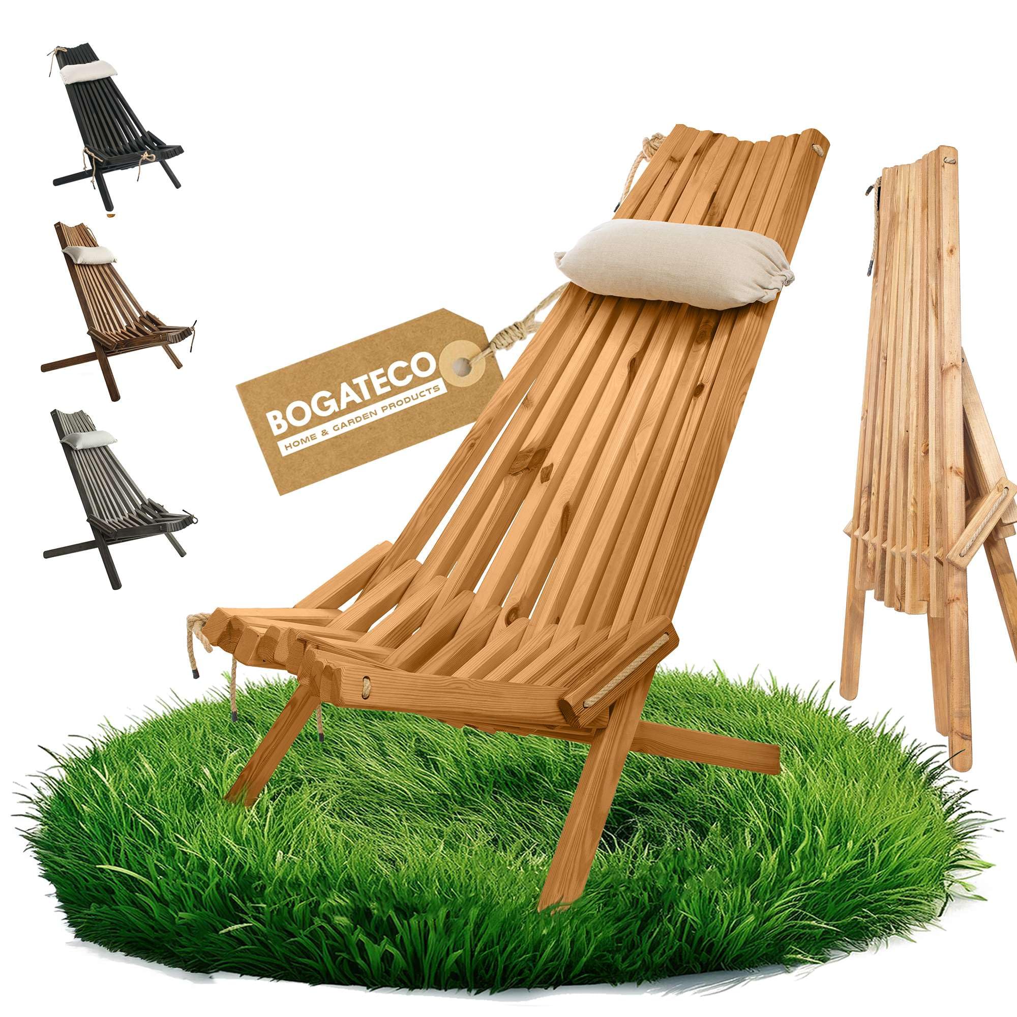 BOGATECO Sdraia da Giardino Pieghevole in Legno con Cuscino Poggiatesta - Lettino Prendisole per Piscina, Terrazza e Solarium - Sedia a Sdraio in Legno senza Metallo - 100 x 55 x 30 cm - Marrone
