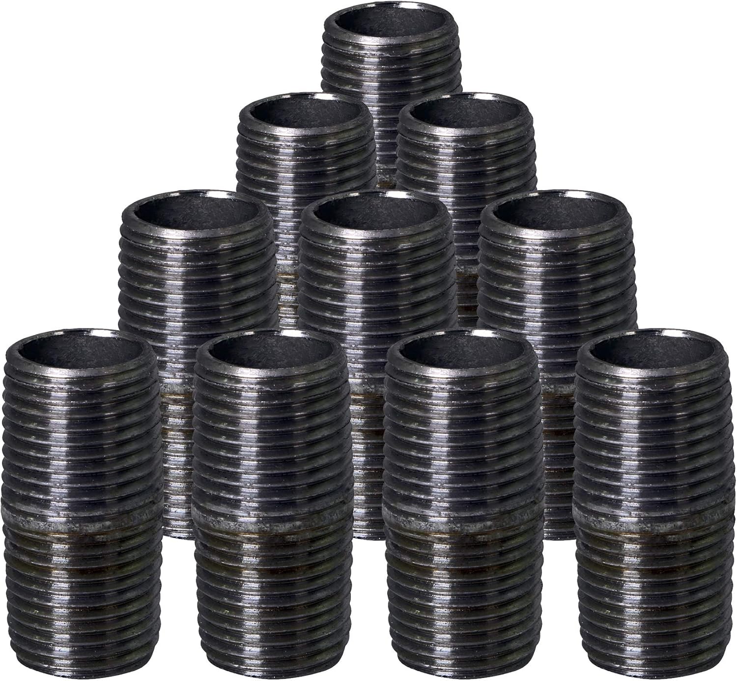 SupplyGiant 1/2 x 1 Inch Black Steel Nipple Pipes (10-Pack) - Heavy Duty Threaded Malleable Iron for DIY Furniture & Industrial Shelving