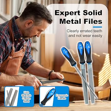 MORROWIND 3 Pcs Metal File Set, 8-Inch Carbon Steel Files with Flat, Half-Round, and Round Shapes, Heavy-Duty Hand Tools for Metal, Wood, Plastic and More, Blue