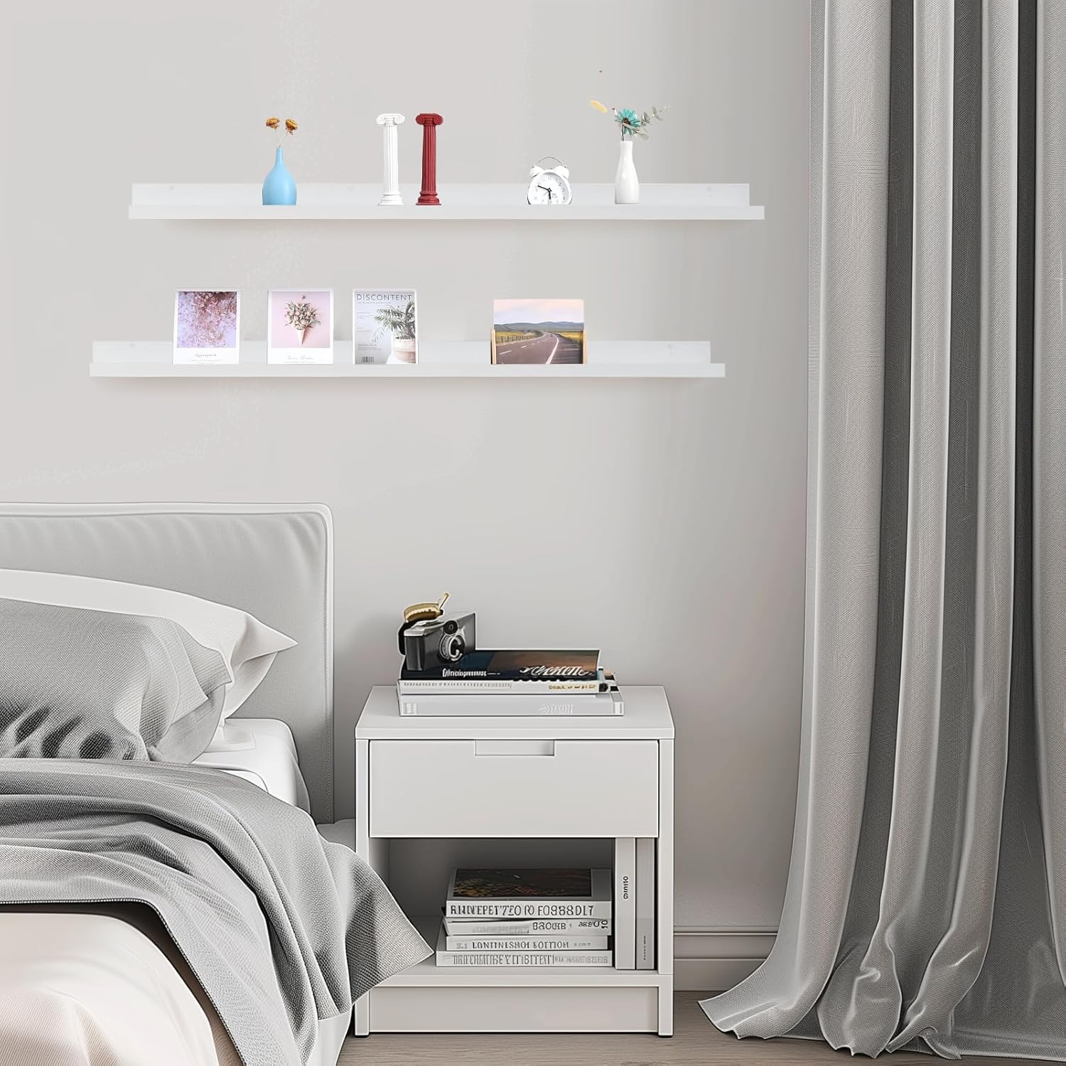 Muzilife 55" Large Floating Wall Ledge Shelves with Lip - Set of 2 Wood Floating Shelves - White Wall Mounted Picture Ledge for Office, Bathroom, Bedroom, Living Room, Kitche