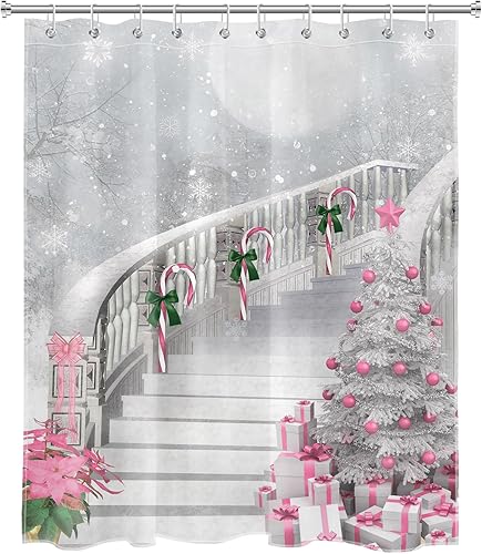 Miniatura 9 de LB Pink Christmas Shower Curtain Sets with Rugs Xmas Tree and Xmas Ball Gifts on Grey Fabric Shower Curtain with Hooks Winter Snowflake Bathroom