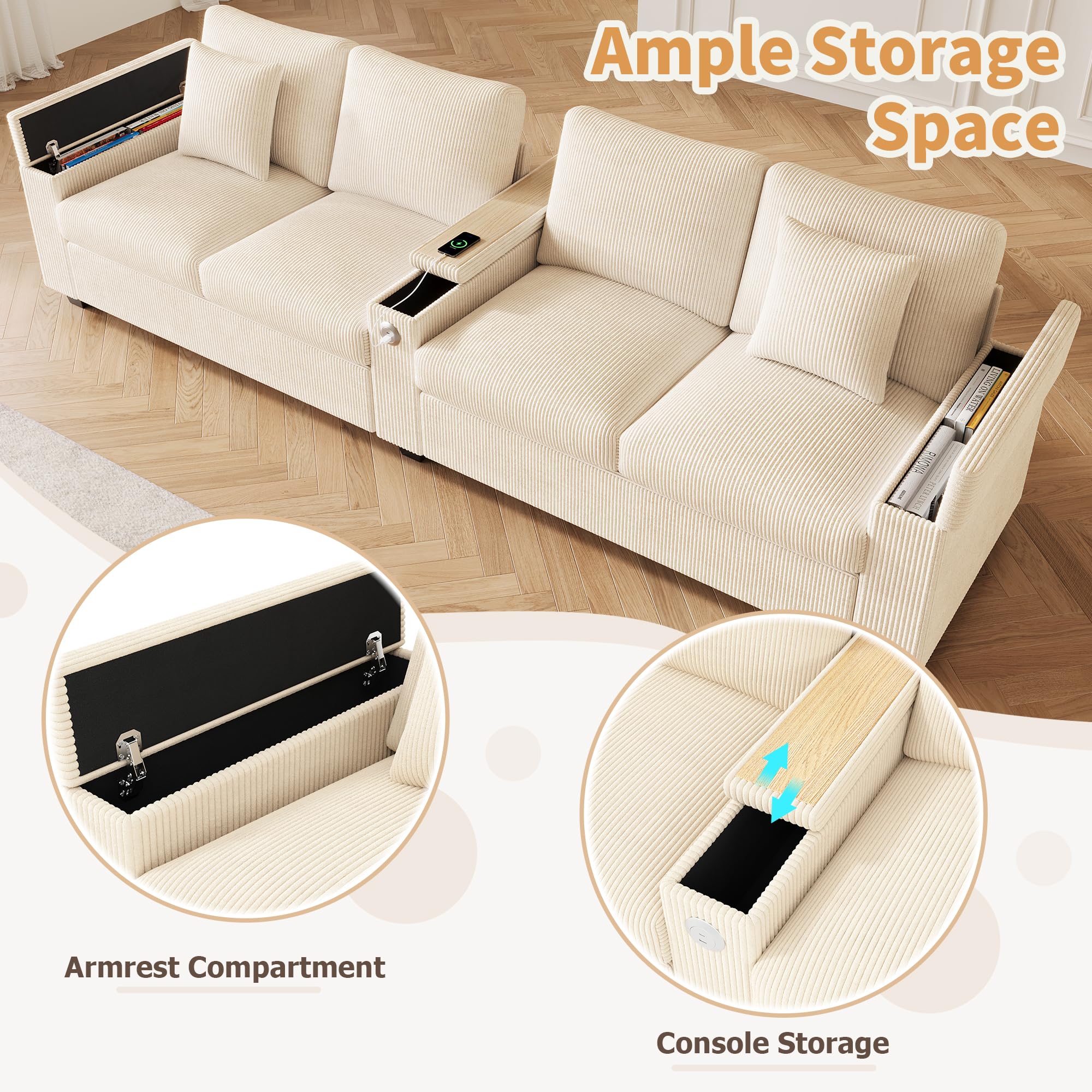 Azkoeesy Divano Moderno a 4 Posti, Lunghezza 3 m, Velluto (Beige) | per Salotto e Ufficio, 2 Cuscini, Presa USB, 3 Braccioli con Cassetto, Sedute e Cuscini Lavabili e Sfoderabili