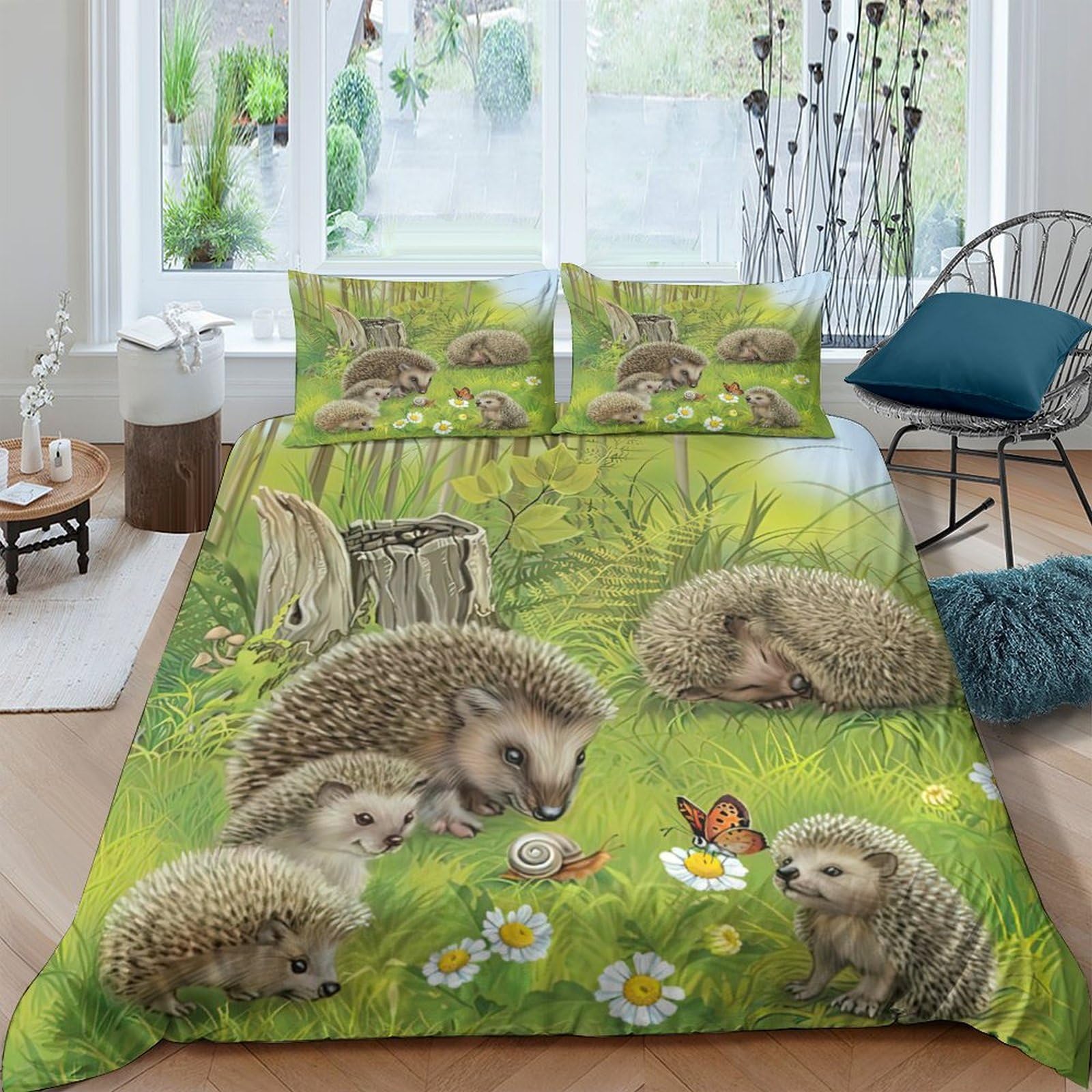 Ctjqhvkz Style-8 3D Printed Hedgehog Meadow Fitted Sheet Microfiber Soft Green Forest Bed Cover For Bedroom Guest Room Decor Machine Washable Single（135X200cm）