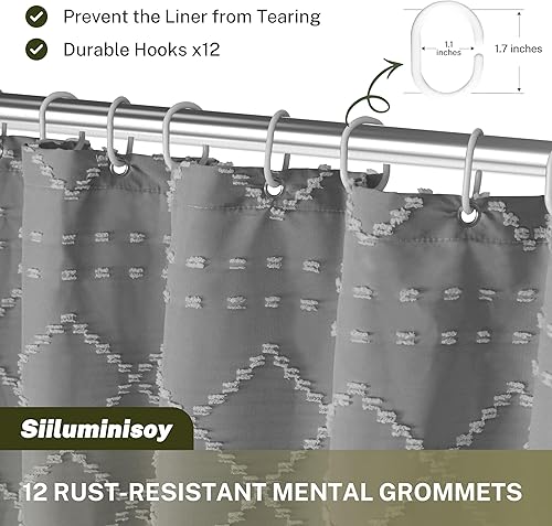 Miniatura 7 de Siiluminisoy Cortina de ducha bohemia con textura gris con borlas, 72 x 72 pulgadas, cortina de ducha tejida de felpilla a rayas cheurón, moderna