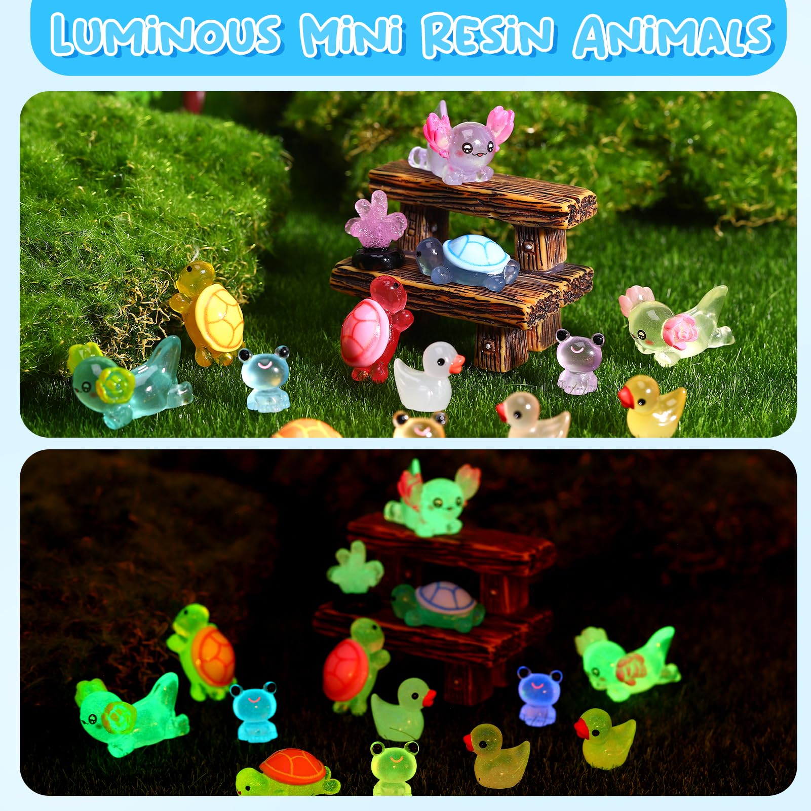 GSrenyu 84Pcs Mini Resin Animals,Luminous Resin Animal Tiny Small Animals Glow in The Dark Axolotl Duck Frog Turtle Coral Miniature Figures for Garden Dollhouse Decor - Image 3