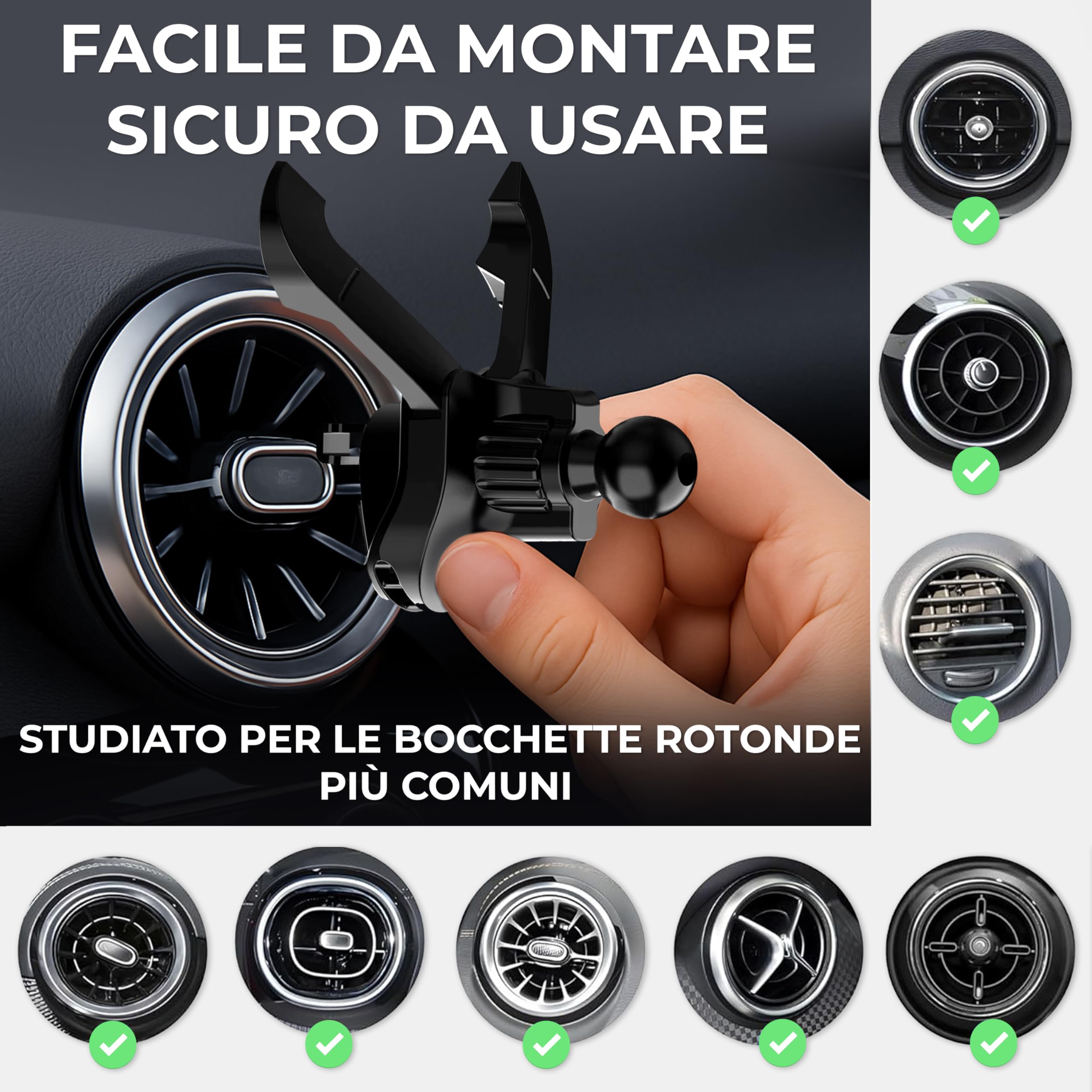 Andobil Porta Cellulare Auto Per Bocchette Aria Tonde – Supporto Magnetico 2.0 In Metallo Per Mercedes, Audi TT, Mini Cooper – Attacco Robusto, Rotazione 360°, Garanzia 5 Anni