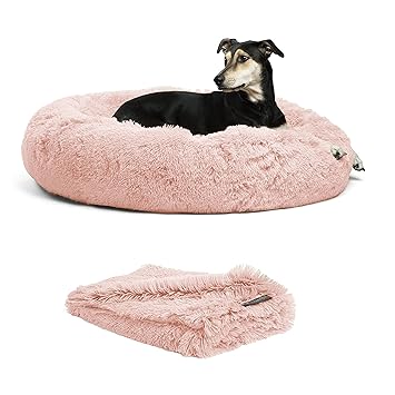 Best Friends by Sheri Bundle Set The Original Calming Shag Donut Cuddler Cat and Dog Bed + Pet Throw Blanket Cotton Candy Pink Large 36
