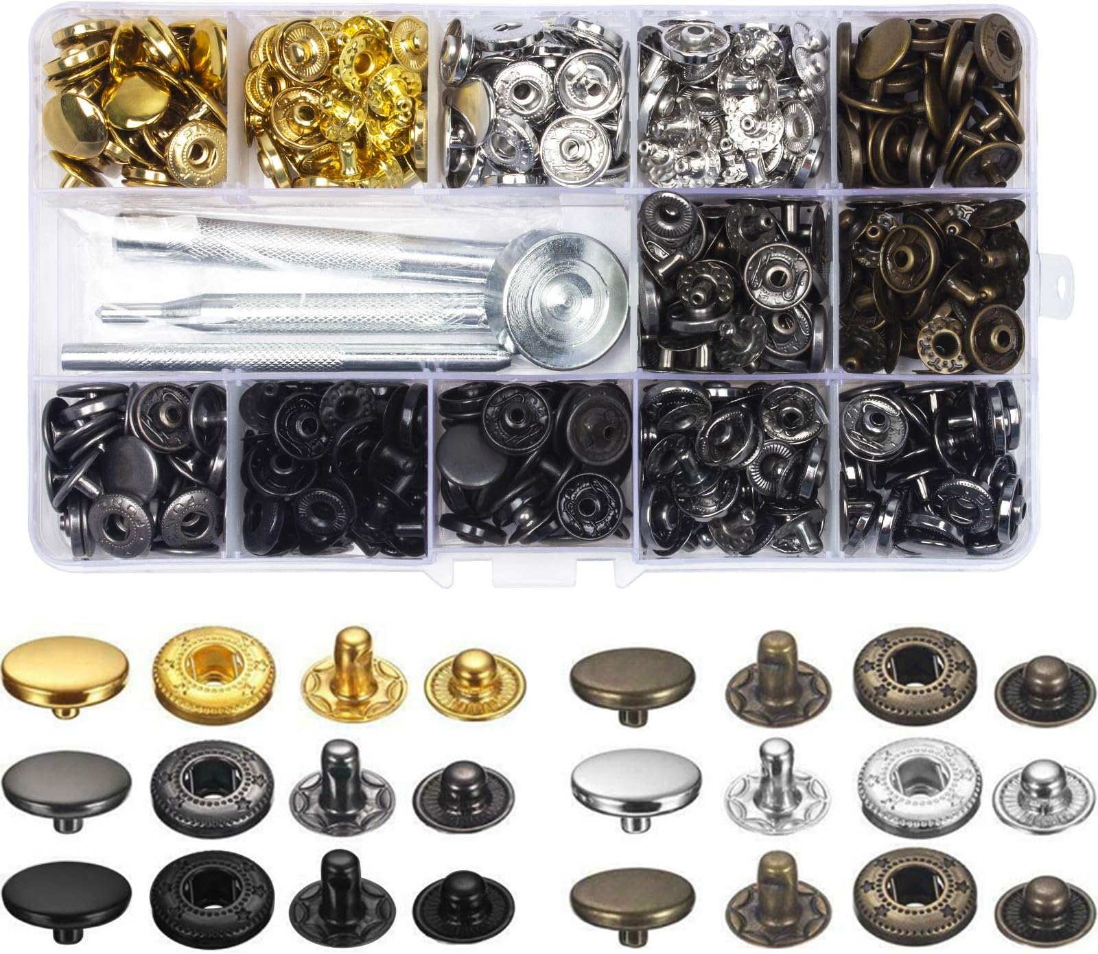 120 Set Metal Leather Snaps, 6 Colors Sew-on Snap Buttons Press Studs Snaps Fasteners Buttons for Clothes Craft Repair