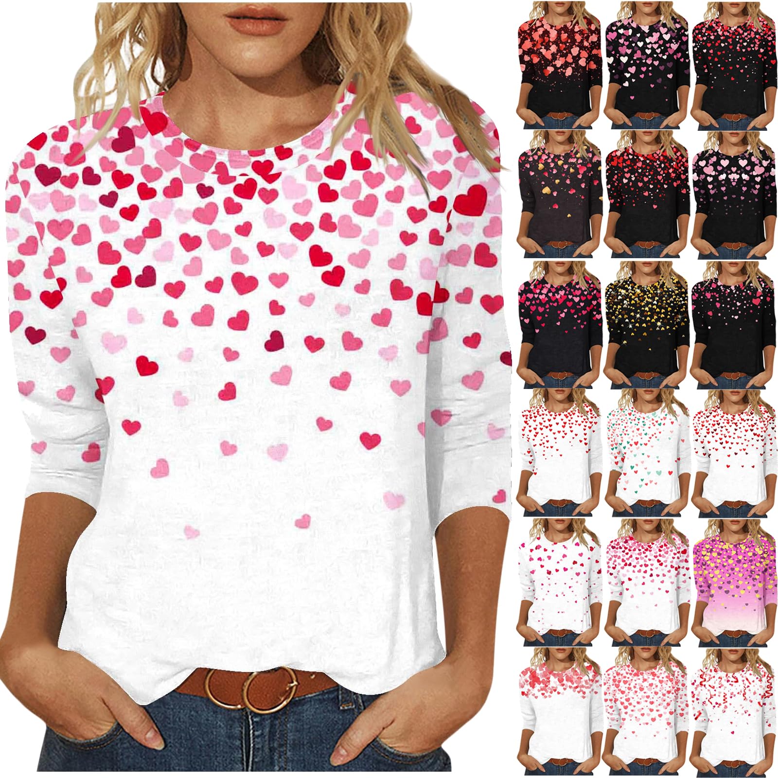 Valentines Shirts for Women Trendy 2026 Cute Love Heart Print Tunic Tops Plus Size Casual Summer 3/4 Sleeve Blouses