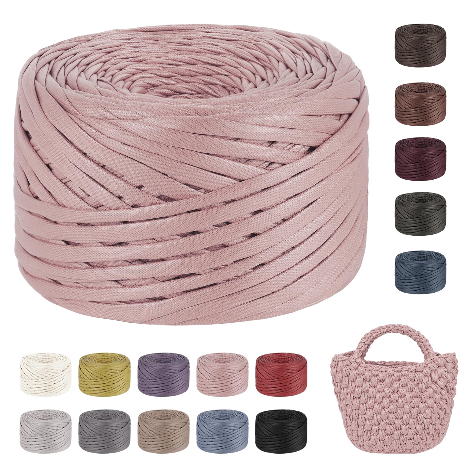 LEREATI Tshirt Yarn for Crocheting 200g/90m Single-Side Faux Leather Looking Fabric, Soft Polyester Cloth Ribbon T Shirt Yarn for Crocheting Baskets Bags Rugs Home Decor DIY Crafts (Coral Pink)