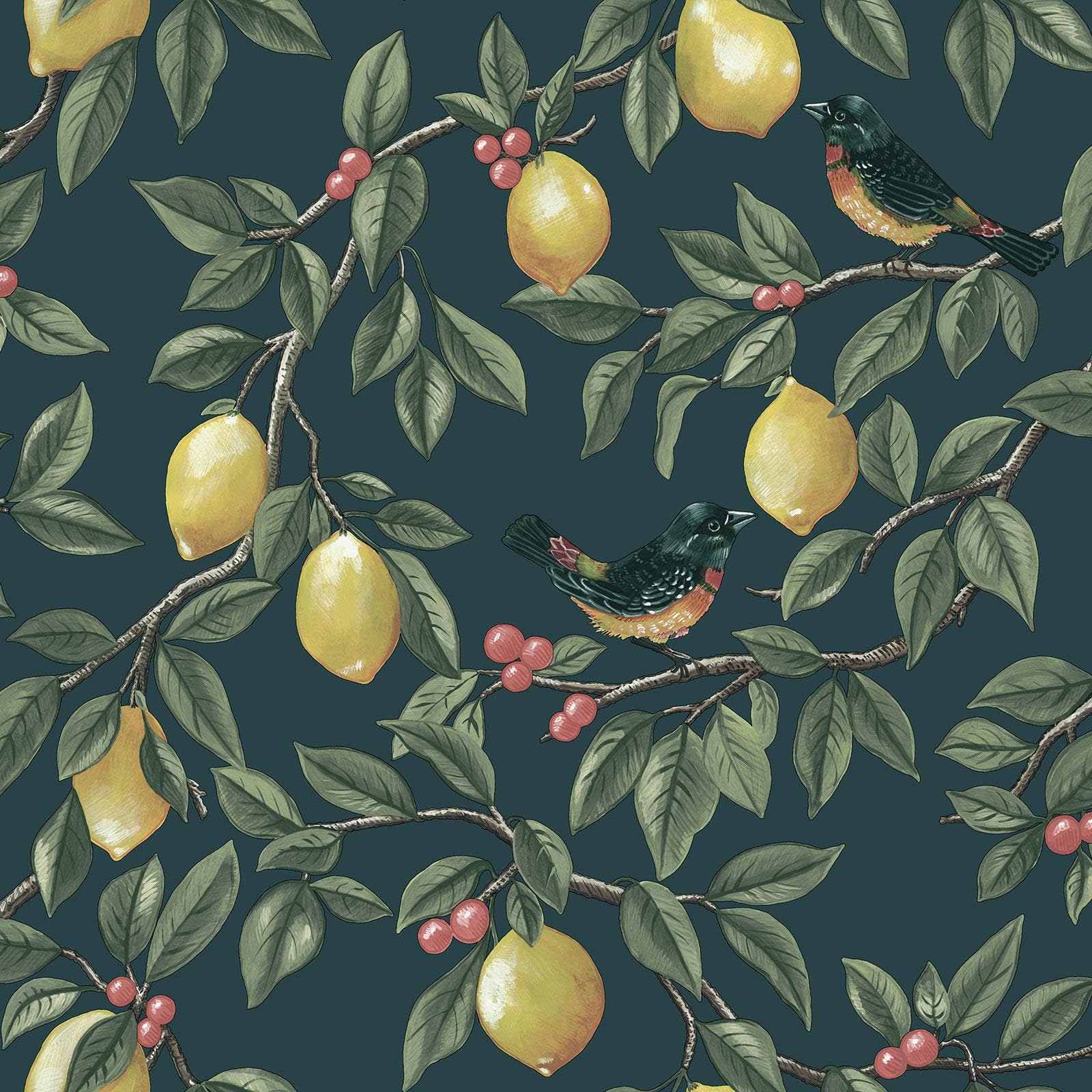 Holden Decor Teal Lemon Fruit And Leaf Trail Botanical Birds Berries Themed Wallpaper For Bedrooms, Living Rooms, Dining Rooms In A Deep Colour Holden 13871