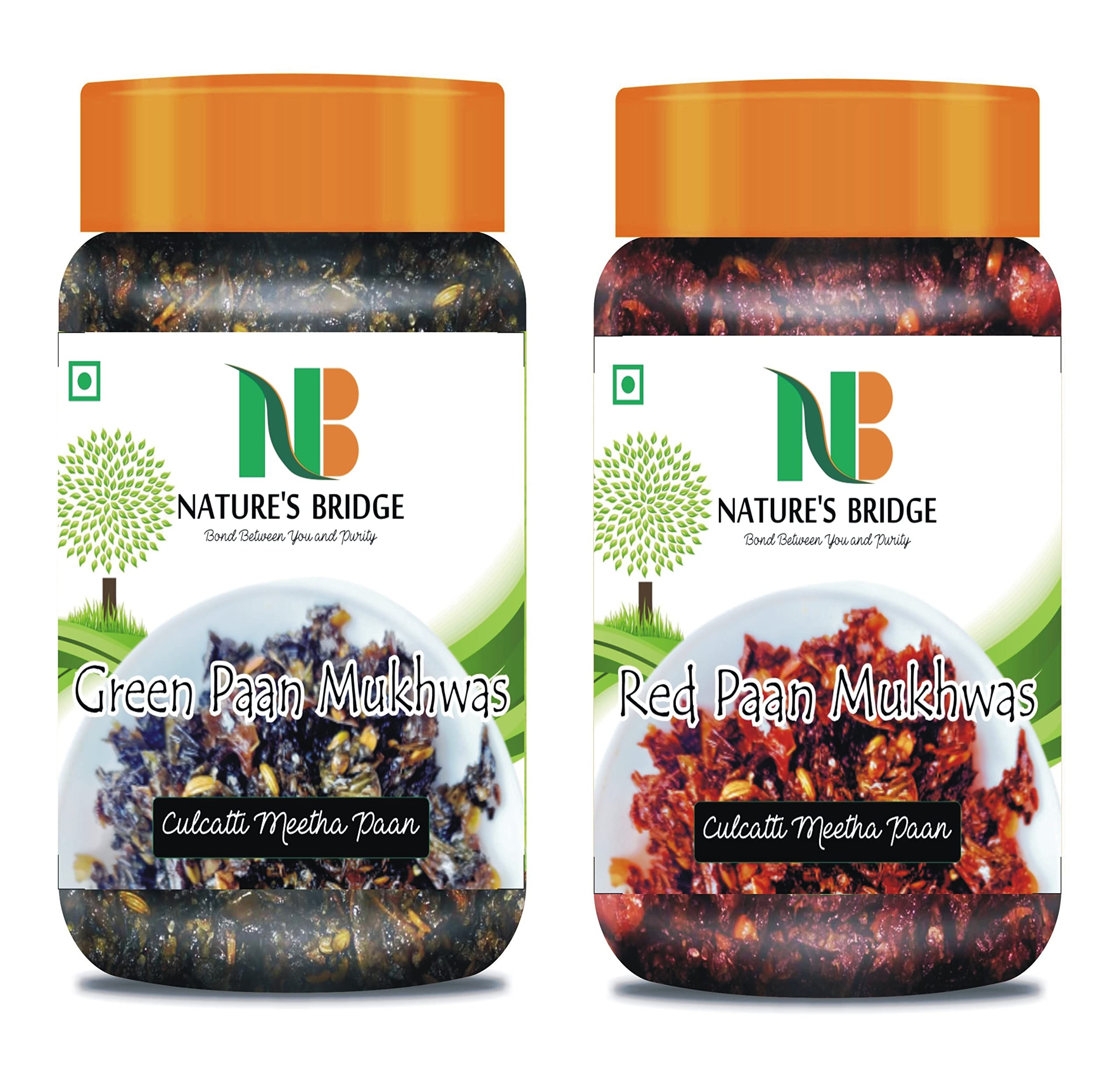 Nature's Bridge Green Paan Mukhwas and Red Paan Mukhwas Homemade Culcatta Meetha Paan Sweet Mukhwas Pan Jar Pack of 2 Each of 300 Gm