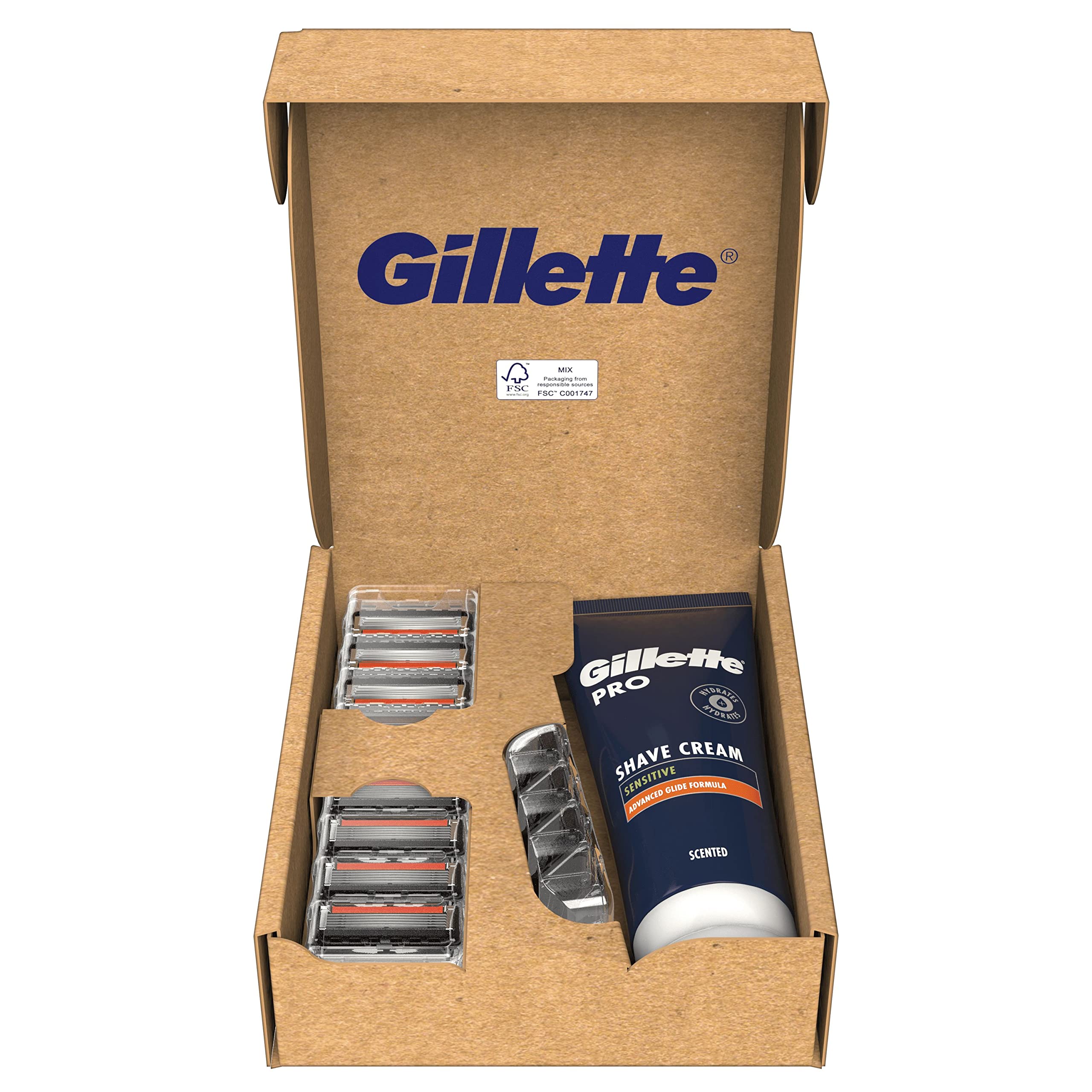 Gillette ProGlide, LAMETTE DI RICAMBIO Per Rasoio Barba, 10 LAMETTE Con LUBRASTRIP + CREMA DA BARBA Per Pelli Sensibili, Gillette PRO Da 175 ml, IDEA REGALO UOMO