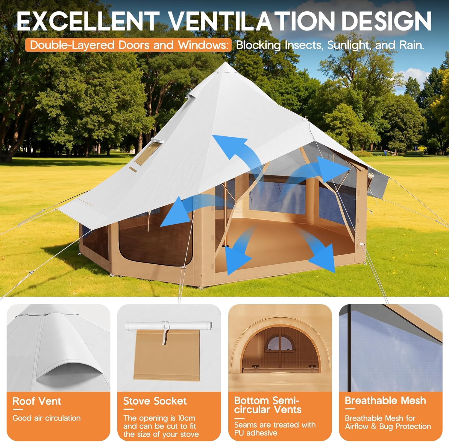 SPECRAFT Canvas Bell Yurt Tents & Inflatable Tent for Camping, Waterproof Glamping Tent with Stove Jack, Breathable Mesh, Snowproofing Spacious 4-Season Family Shelter for Outdoor, Camping, Parties
