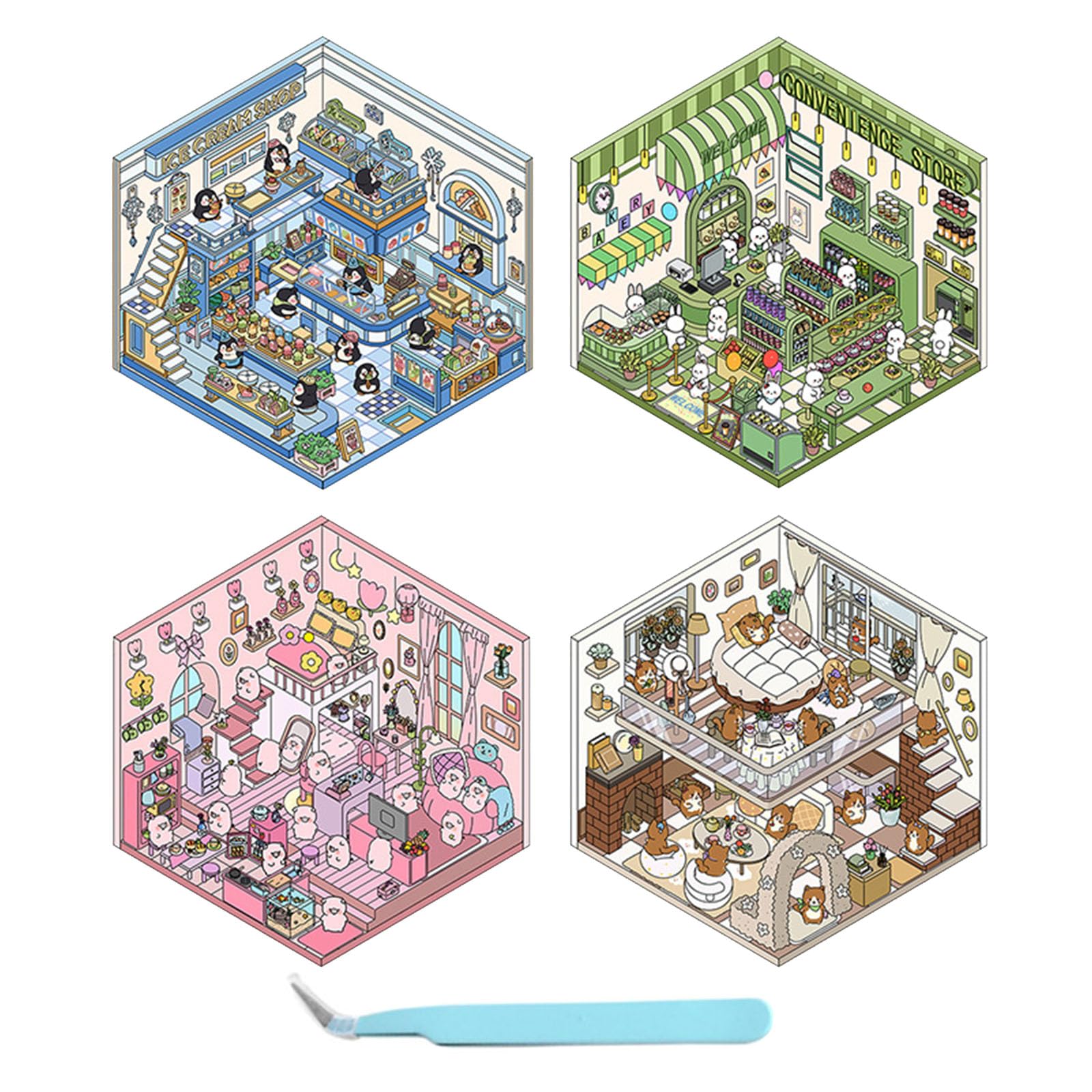 DOINEUFL 4 Sets 3D Sticker Scene, 3D House Sticker Set, Sticker Therapy 3D Stickers