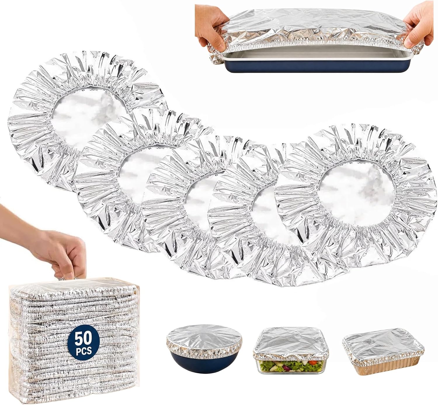 50 Pcs Elastic Aluminum Foil Bowl Covers, Reusable Heat Retaining Food Lids, 110℃ High Temperature Resistant Stretch Covers for Home Kitchen Picnic Food Fresh Keeping