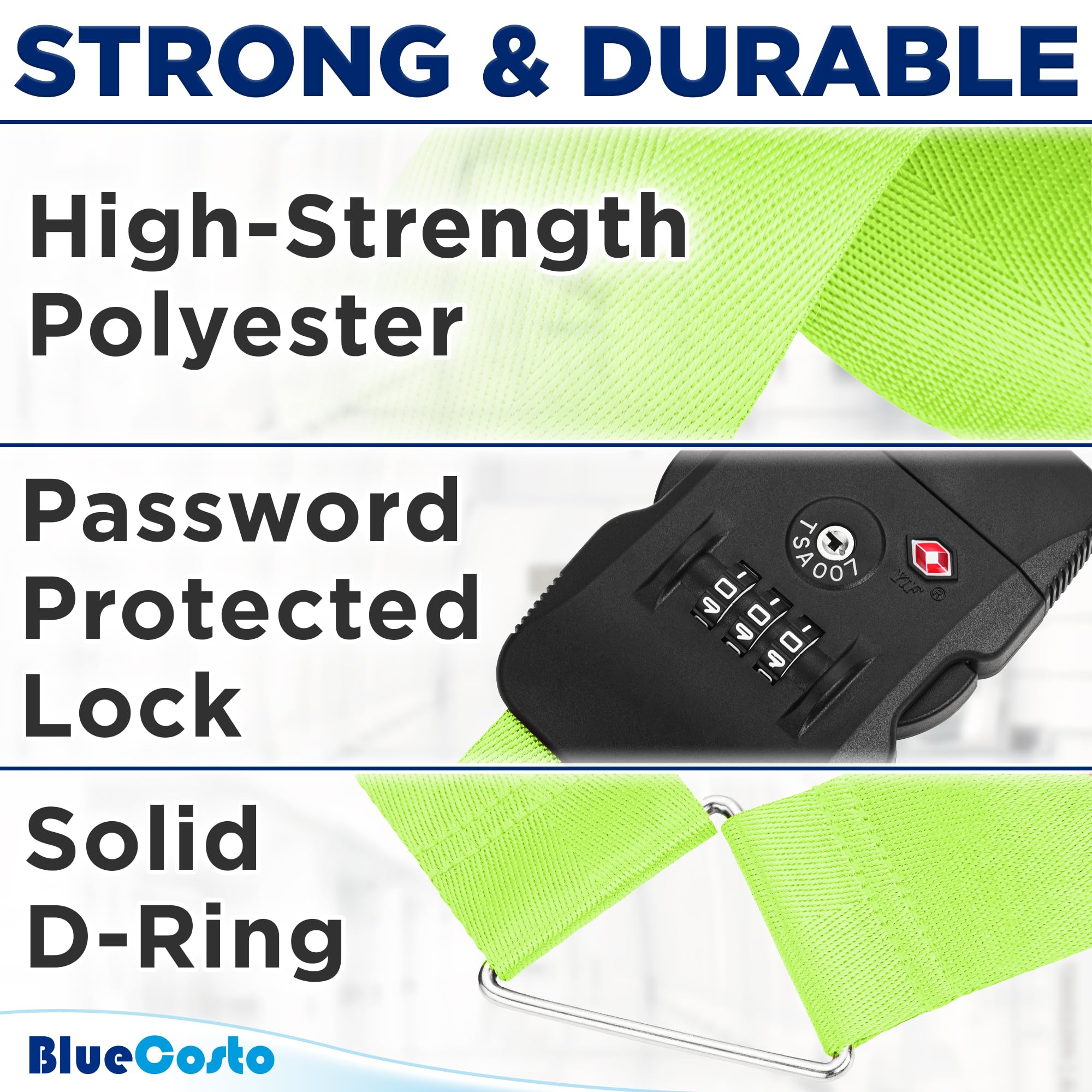 BlueCosto - Luggage Strap with TSA Lock - 2.2 to 4m Adjustable, Neon Green - TSA Approved Suitcase Security Belt with 3 Digit Combination Locking