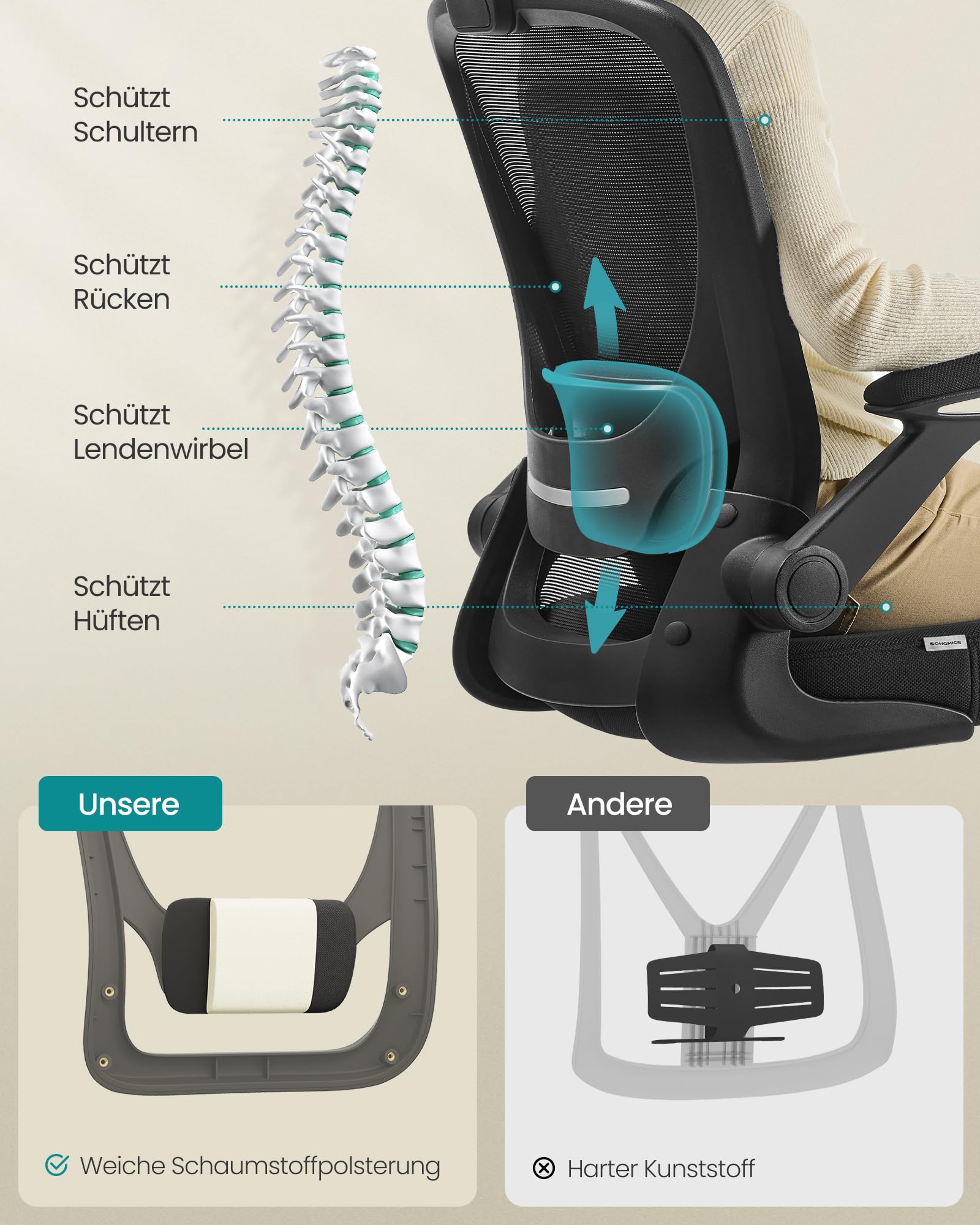 SONGMICS Bürostuhl ergonomisch Drehstuhl Mesh Lendenstütze Kopfstütze Wippfunktion 53 cm Sitzfläche klappbare Armlehnen schwarz OBN37BK