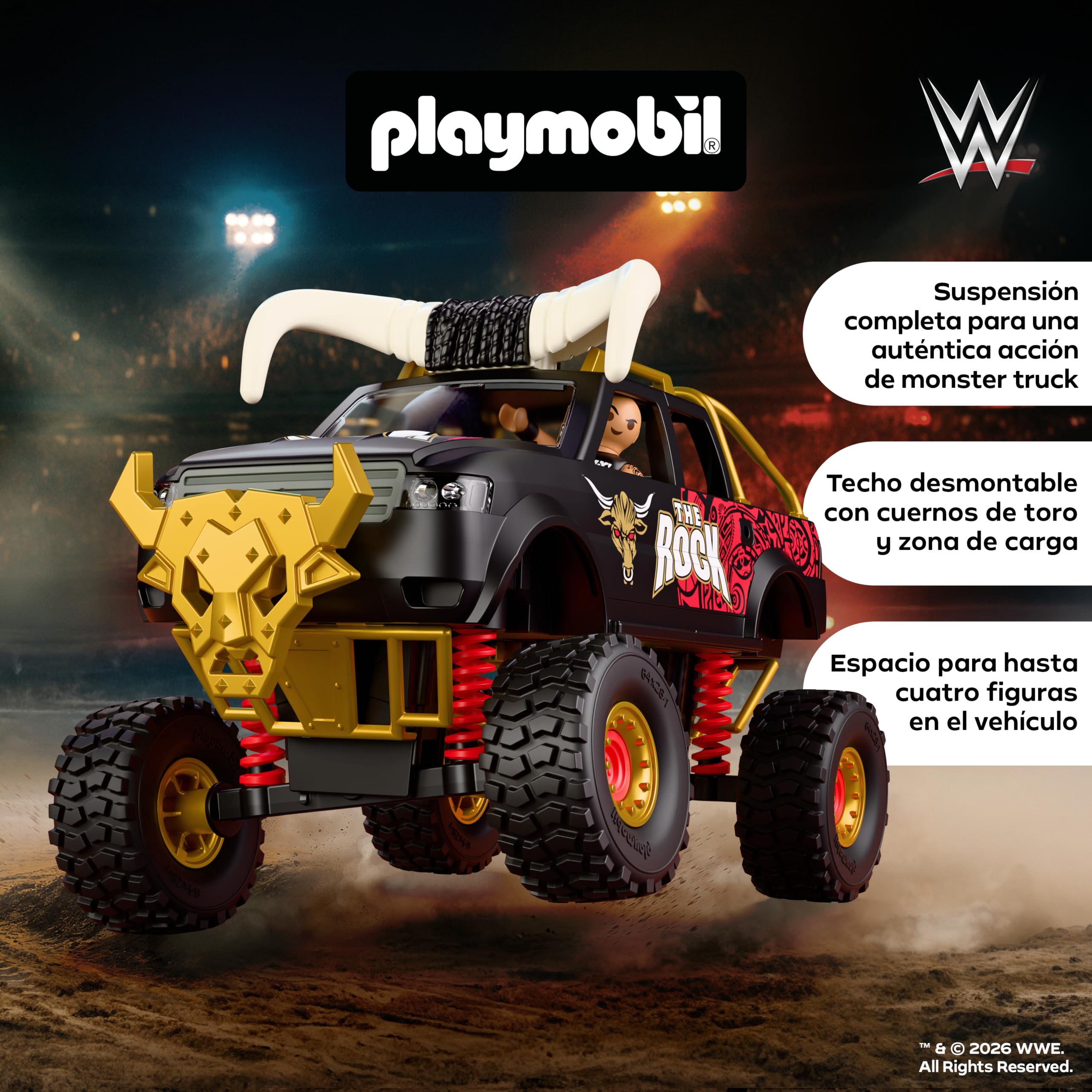 PLAYMOBIL | WWE® | The Rock Monster Truck | Monster Truck con suspensión, Cuernos y Figura de The Rock | para Fans a Partir de 5 años | 71955