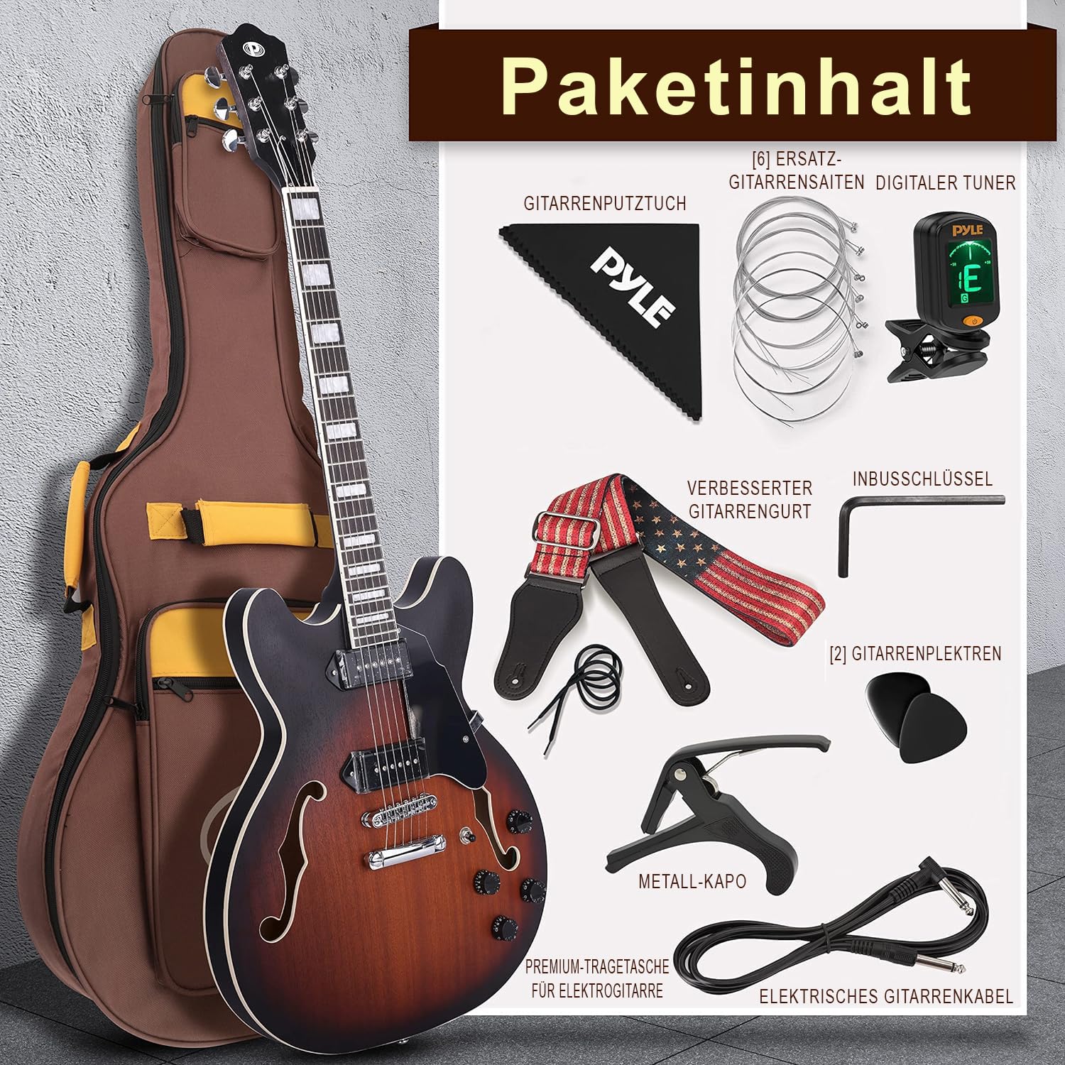 Pyle Jazz E‑Gitarre Semi‑Hollow – 6‑Saitige Vintage‑Style Gitarre mit Cutaway & Zubehörpaket – Jazz‑Sound für kreative Einsteiger & Blues‑Fans, Sunburst Look, P90 Pickups