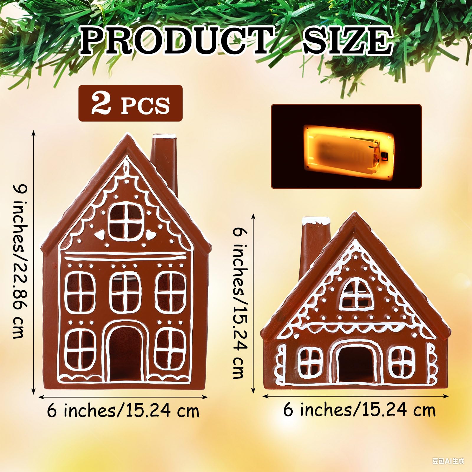 Funnymoom 2 juegos de casas de jengibre heladas de cerámica iluminadas, decoraciones de Navidad para interiores, casas de pan de jengibre LED preiluminadas, decoración de mesa de cocina para centro de