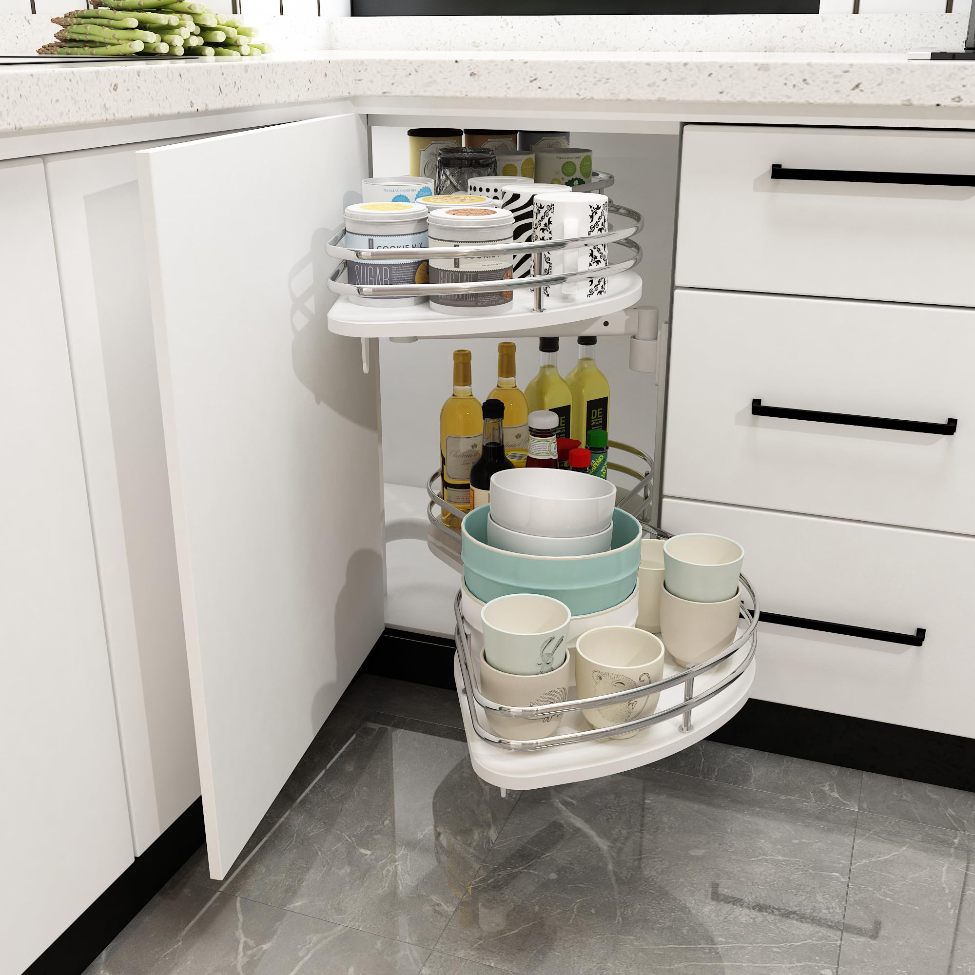 VADANIA Kitchen Cabinet Blind Corner Pullout Organizer for 800mm Cabinet, 2 Tiers Swing Tray, Soft Close, Right Handed Open — image 1