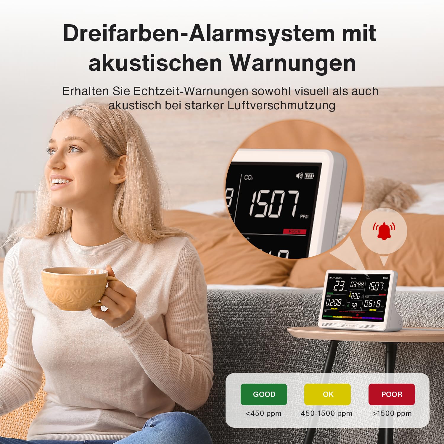 bonoch 16 en 1 Appareil de Mesure de la Qualité de l'Air Écran 7" – 9 Paramètres AQI + 7 Alertes – Détecteur de COV, CO2, PM2.5 PM1.0 PM10, HCHO (Air Quality Monitor) Température, Humidité, AQI, Heure