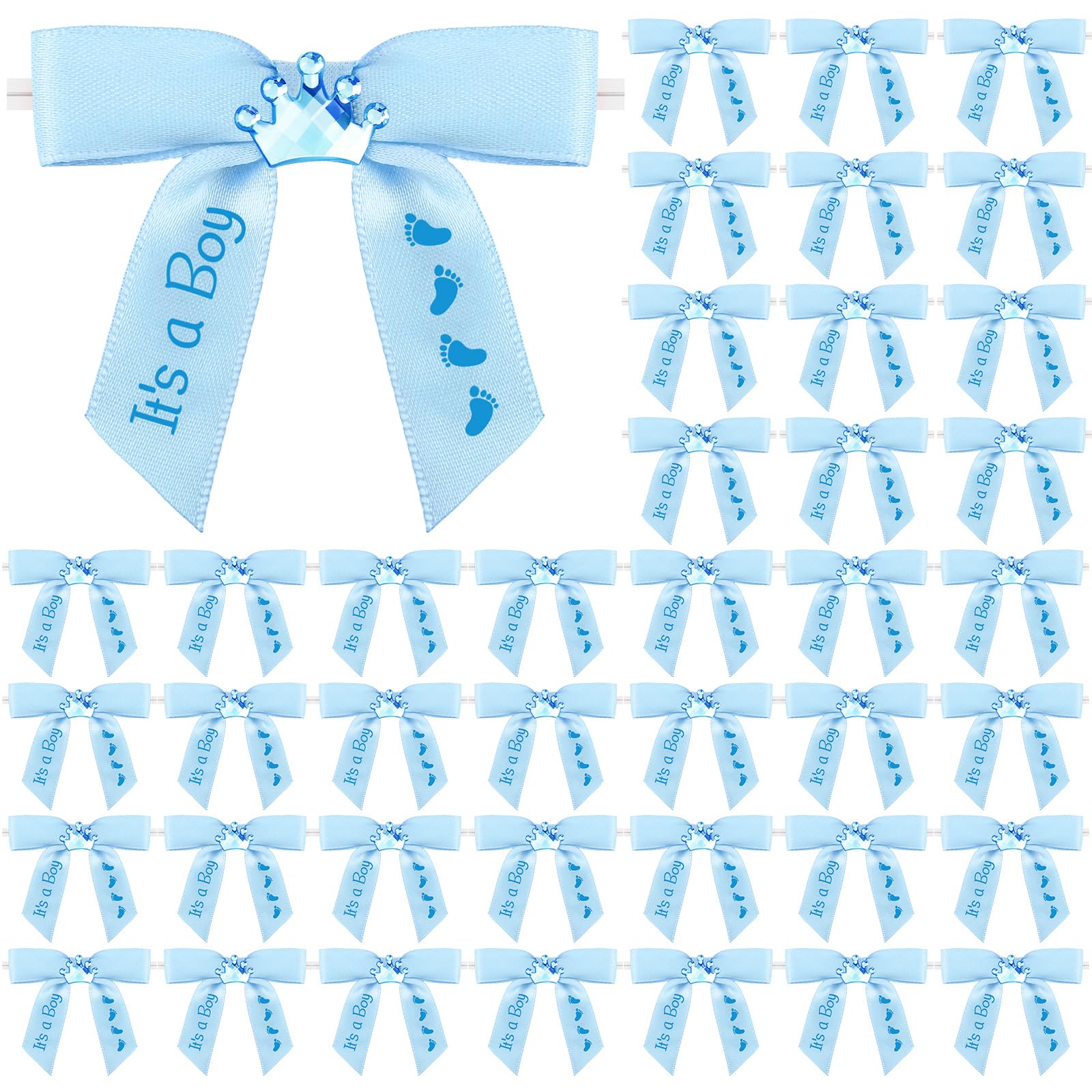 Wavwavw 100 Pcs Baby Shower Satin Ribbon Twist Tie Bows 2.5" Pre Tied Craft Bow Baby Foot Print Ribbon Bows for Baby Shower Birthday Party Treat Bags