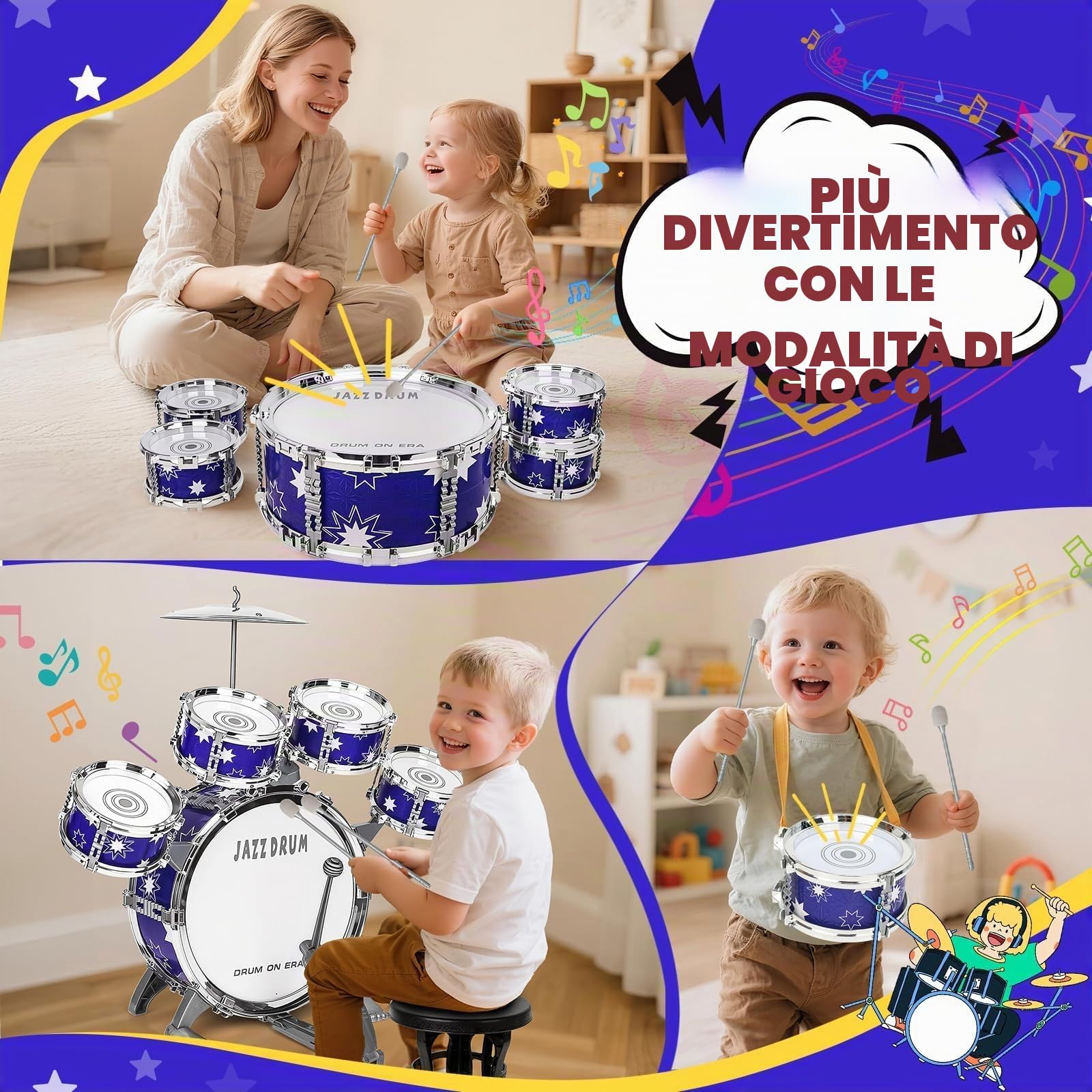 Upgrade Giocattolo Batteria Bambini 2-4 Anni Kit Batteria Jazz per Bambini con Sgabello, Giocattolo Strumento Musicale per Ragazze Ragazzi di 3 4 5 Anni Regalo
