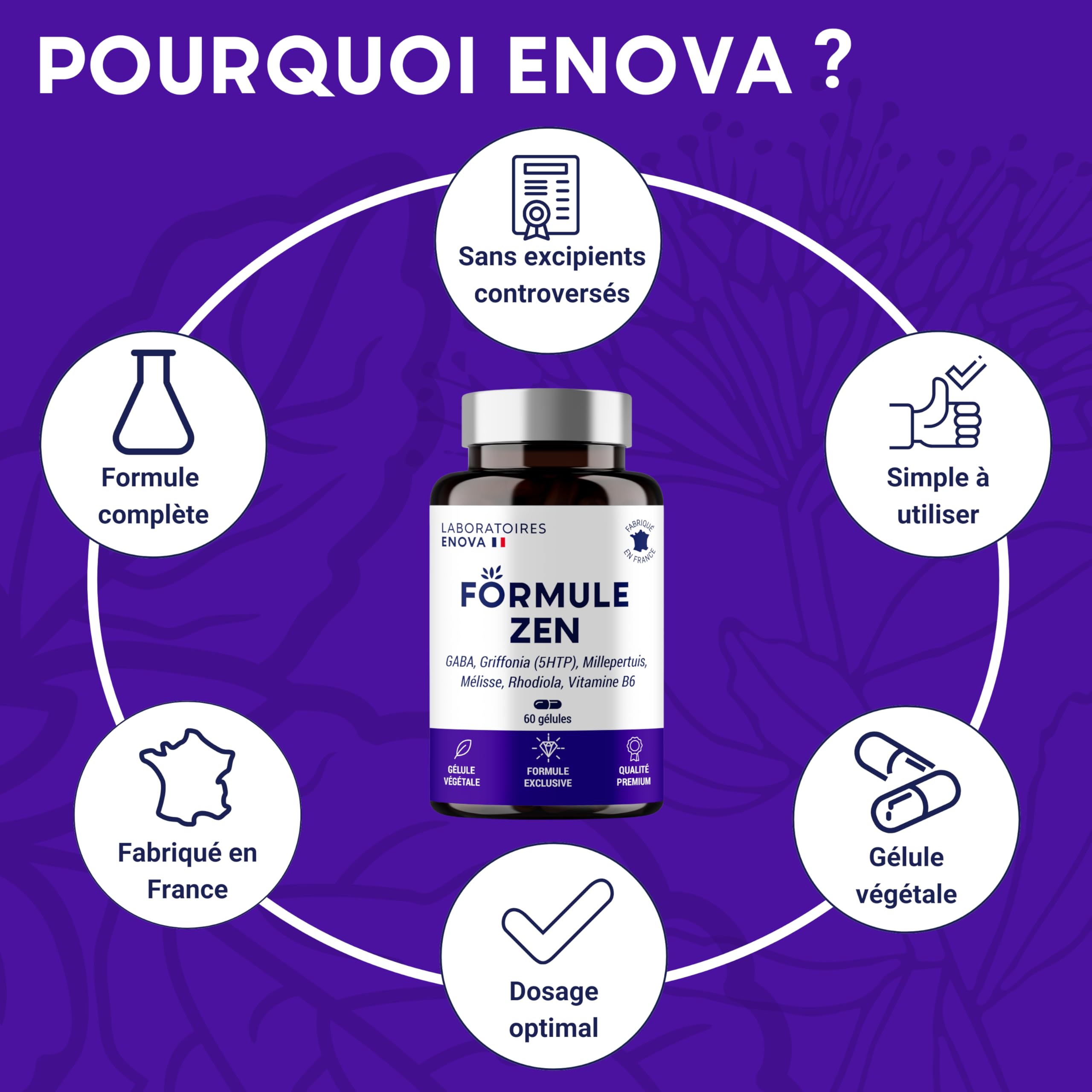 FORMULE ZEN | GABA, Griffonia, Millepertuis, Mélisse, Rhodiola, Vitamine B6 | Anti Stress Naturel | 30 jours de Relaxation | Complement alimentaire | Fabriqué en France