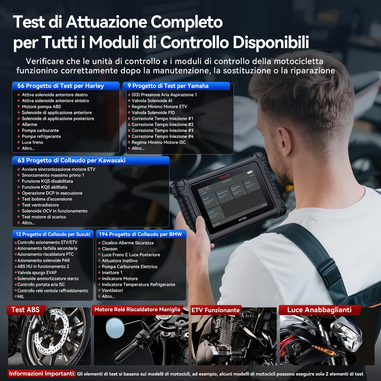 iCarsoft MT PRO Strumento Diagnostico Motociclette per Harley/BMW/Ducati/Honda ecc. Diagnostica Completa Sistemi Motocicletta, Reset Manutenzione + Test Attivi, Lettore Codici Touchscreen +Auto OBD2
