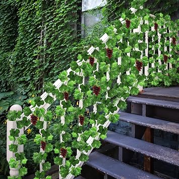 12 Strands Artificial Fake Grape Vines with 3 Strings Grapes, Hanging Plant Large Leaves Garland for Wedding Party Store Home Decor Indoor Outdoors (Grape and Garlands)